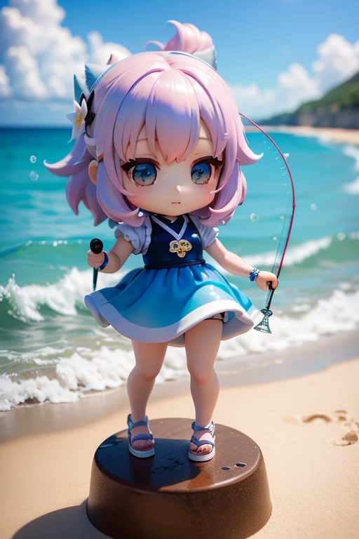 a beauty girl、super precision、accuracy、nendoroid、Chibi、Colorful - Hair Color、kawaii、Fantasia、Sandy beach in the background、fishing in the sea、blue-sky、