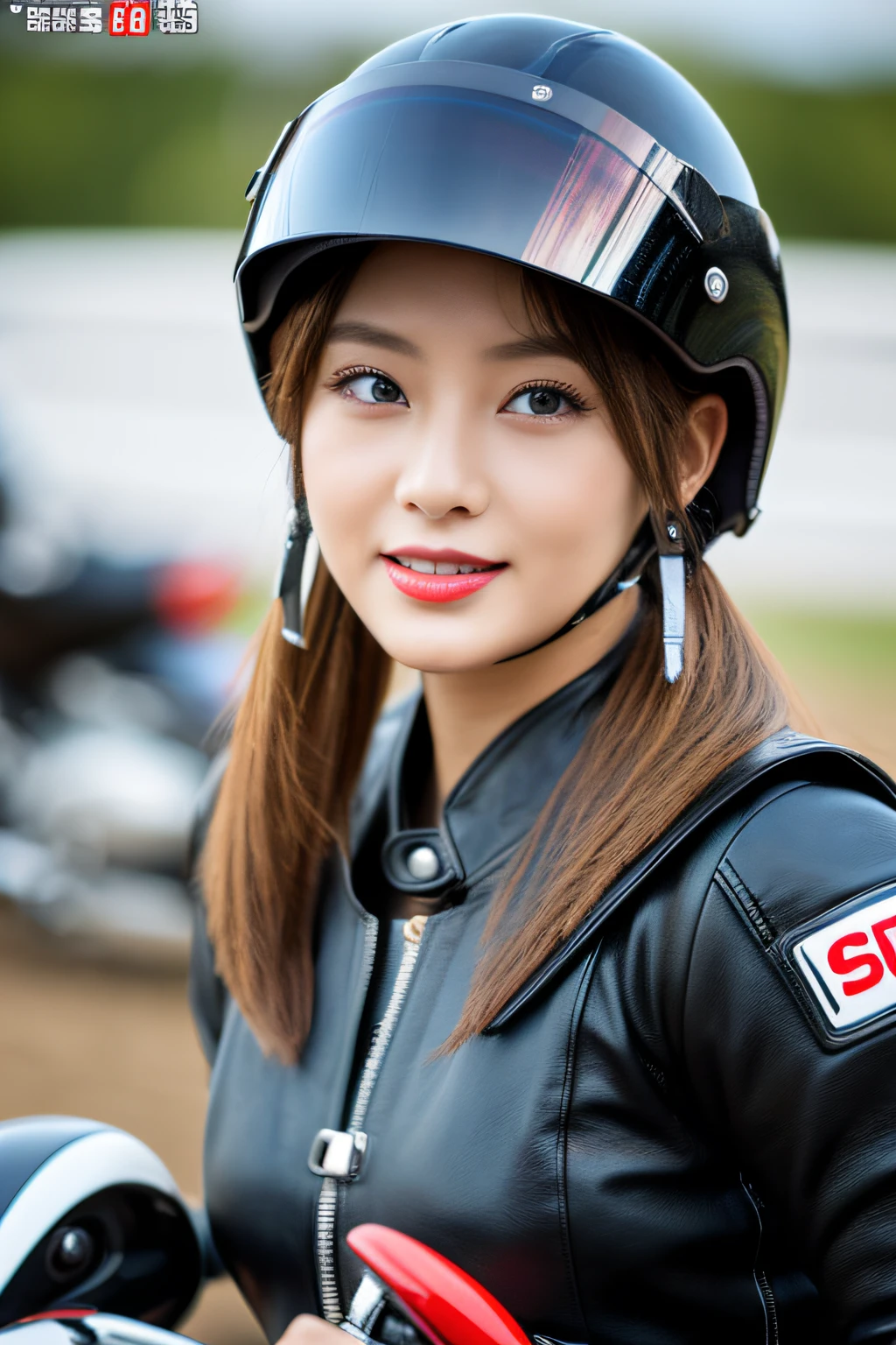 8K,超高分辨率,quality、tmasterpiece、hyper HD、(Realism in photos:1.4)、(1 girl in)、(riding motorcycles)、longer sleeves、(Sexy black and leather racing suit)、(A long blonde hair)、(wetting hair)、Super detailed faces、Super detailed teeth、red lipsticks、circuit、racer、's,plumw,The eyes are full,riding motorcycles,Chest is open,motorcycle helmet