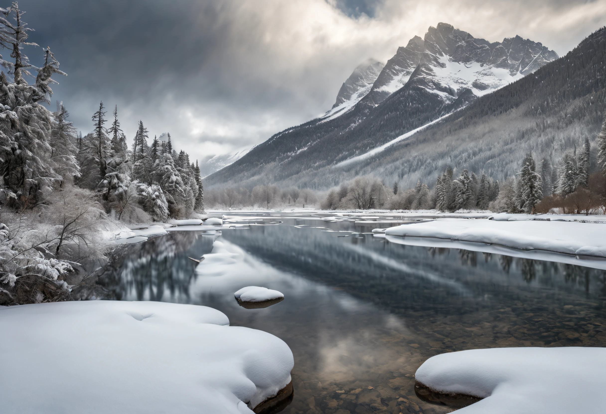 (best quality,4k,8k,highres,masterpiece:1.2),ultra-detailed,(realistic,photorealistic,photo-realistic:1.37),professional photography,wonderful,winter landscape,award-winning image,crisp white snow,glistening ice-covered trees,clear blue sky,snow-capped mountains,frosty breath,subtle sunlight peeking through the clouds,majestic frozen lake,pristine untouched wilderness,tranquil atmosphere,captivating scenic beauty,solitude and serenity,enchanted winter wonderland,dramatic perspective and depth,artistic composition,impeccably balanced colors,soft cool tones,harmonious blend of whites,grays,and blues,delicate play of light and shadows,textured layers of snow,crystal clarity and sharpness,meticulous attention to detail,awe-inspiring natural grandeur,peaceful and still moments,capturing the essence of winter's enchantment.