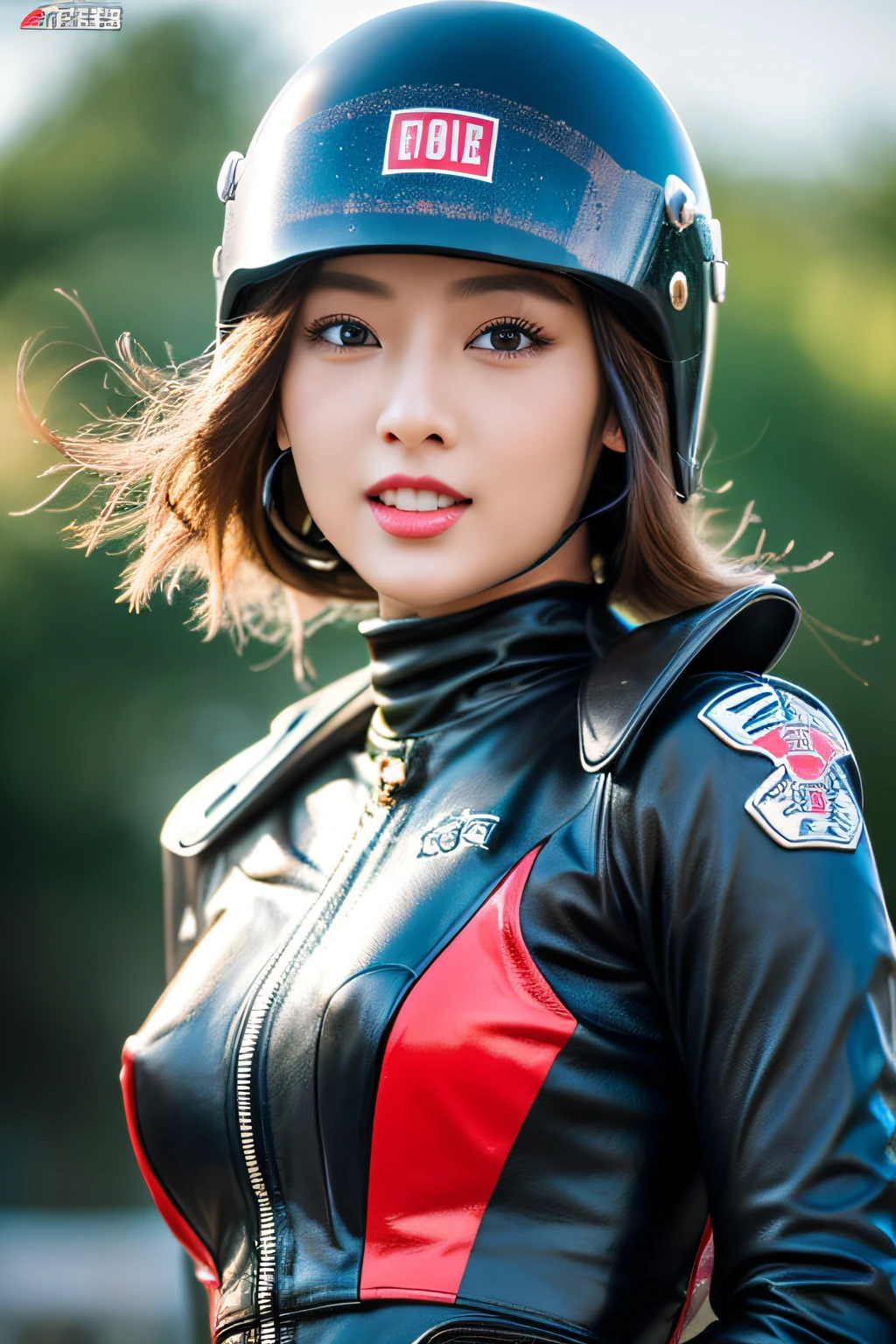8K,超高分辨率,quality、tmasterpiece、hyper HD、(Realism in photos:1.4)、(1 girl in)、(riding motorcycles)、longer sleeves、(Sexy black and leather racing suit)、(A long blonde hair)、(wetting hair)、Super detailed faces、Super detailed teeth、red lipsticks、circuit、racer、's,plumw,The eyes are full,riding motorcycles,Chest is open,motorcycle helmet