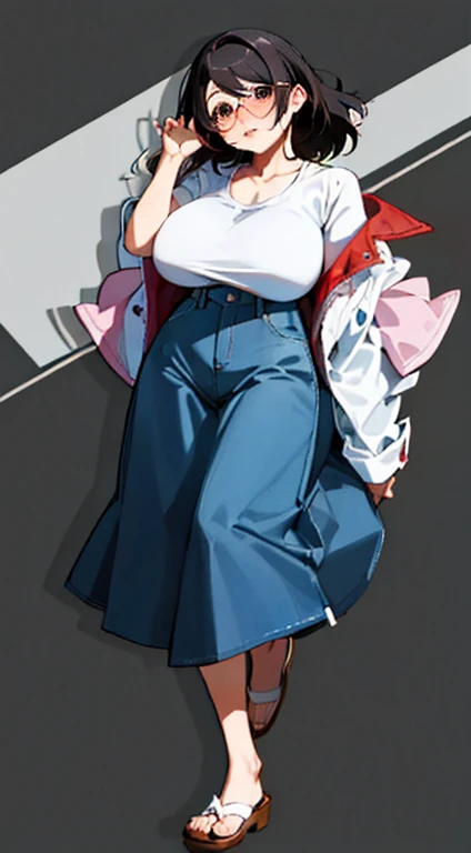 Stema Peace、hanekawa tsubasa、attack of glasses、A dark-haired、large boob、 (Black hair, Brown eyes, Round face),With ribbon, (nose blush, half opened eye),, [Full body shot]、eye glass、Head-to-toe shots、A dark-haired、