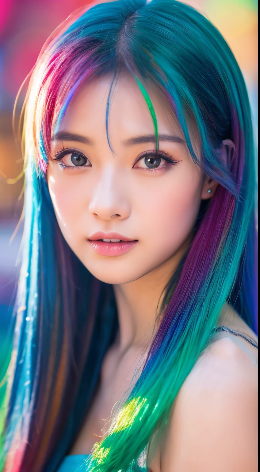 animesque、quadratic element、1 girl in、rainbow-colored hair、length hair、Iridescent eyes、Gradient eyes、Sparkling eyes、Bright pupils、finely eye、expressive eyes、Iridescent dresses、jewely、iridescent lighting、Rainbow Colors theme、(foam:1.5)、Abstract、best qualtiy、ultra-detailliert、realisitic。