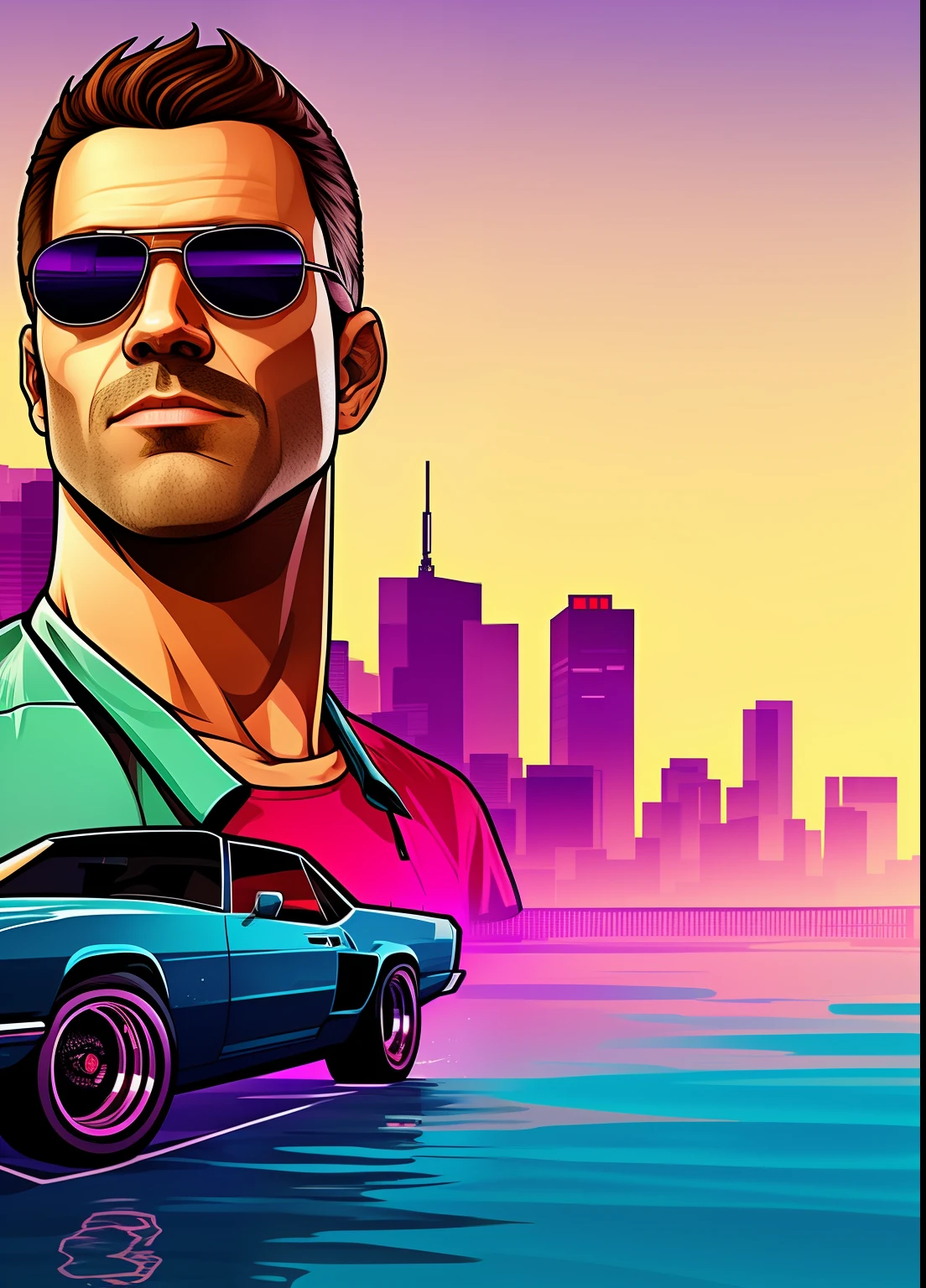 Close-up of a man wearing sunglasses and a shirt, Art in the style of GTA Vice City, Art style of GTA Vice City, Art style of GTA, Art GTA, Стиль обложек GTA V, Surpass the art style, Colorful cinematography, Артстиль GTA, Vice City, 2D cover of the GTA game, 2D cover of the GTA game, HQ 4K Phone Wallpaper