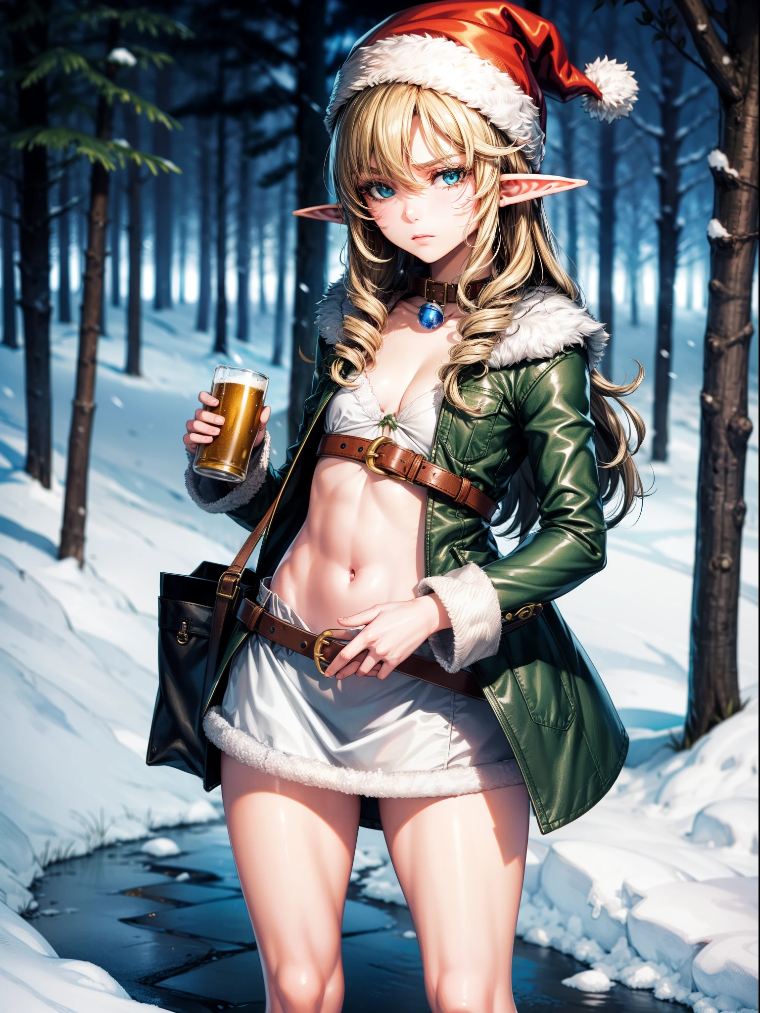 Solo best quality, masterpiece, extremely detailed CG, extremely detailed 8K wallpaper, outdoors, snowy woods, Christmas, Elf girl, extremely detailed character ultra-detailed, beautiful, solo girl, perfect face, sharp focus, intricate details, ultra detailed body, ultra detailed hair, pale, blonde hair, a green santa's elf outfit, green hat with gold bell, blue eyes, leaning against a tree, looking at viewer, irritated expression, bags under eyes, bottles of beer around girl, pointy elf ears average height, around 150 cm tall, crossing arms, petite body, flat chest, green shoes that curl, white and red striped shirt, green elf jacket, leather belt with golden buckle, irritated face, overworked, santas's little elf outfit, black bags under eyelids, tomoko-kuroki