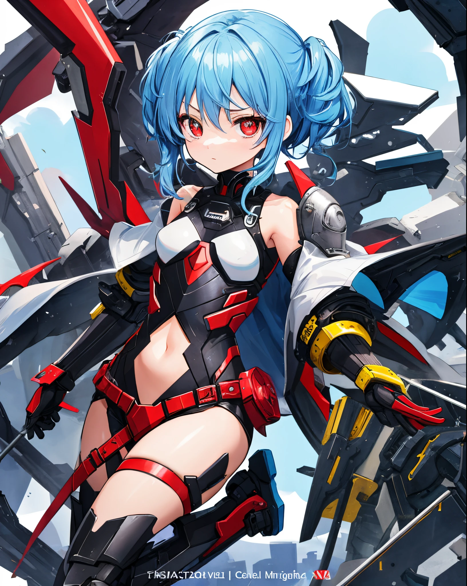 Japanese_anime_style,1small_figure_girl,(loli:1.5), (short_ponytail:1.3), (light_blue_hair:1.3),black_mechanical_armor_parts,white_breasts_parts_red_black_body_suit,bare_shoulder,bare_slender_thighs,medium_breasts,on_the_desk, desk_background,Stinging_eyes,(half_pupil:1.5),sleepy,thighhigh_greaves,gauntlets,dynamic_posing,bare_frank,metal_red_parts_armor,red_eye,
fists,1glowing_sword,hold_sword_hilt,glare,navel,large_mechanical_parts,happy,waist_armor,open_mouth,rise_legs,apart_legs, (covered_navel:1.3),(very_long_bangs:1.3), (hair_over_one_eye:1.5),(long_bang_covers_right_half_of_face:1.5),
(covered_pussy:1.1),covered_breasts