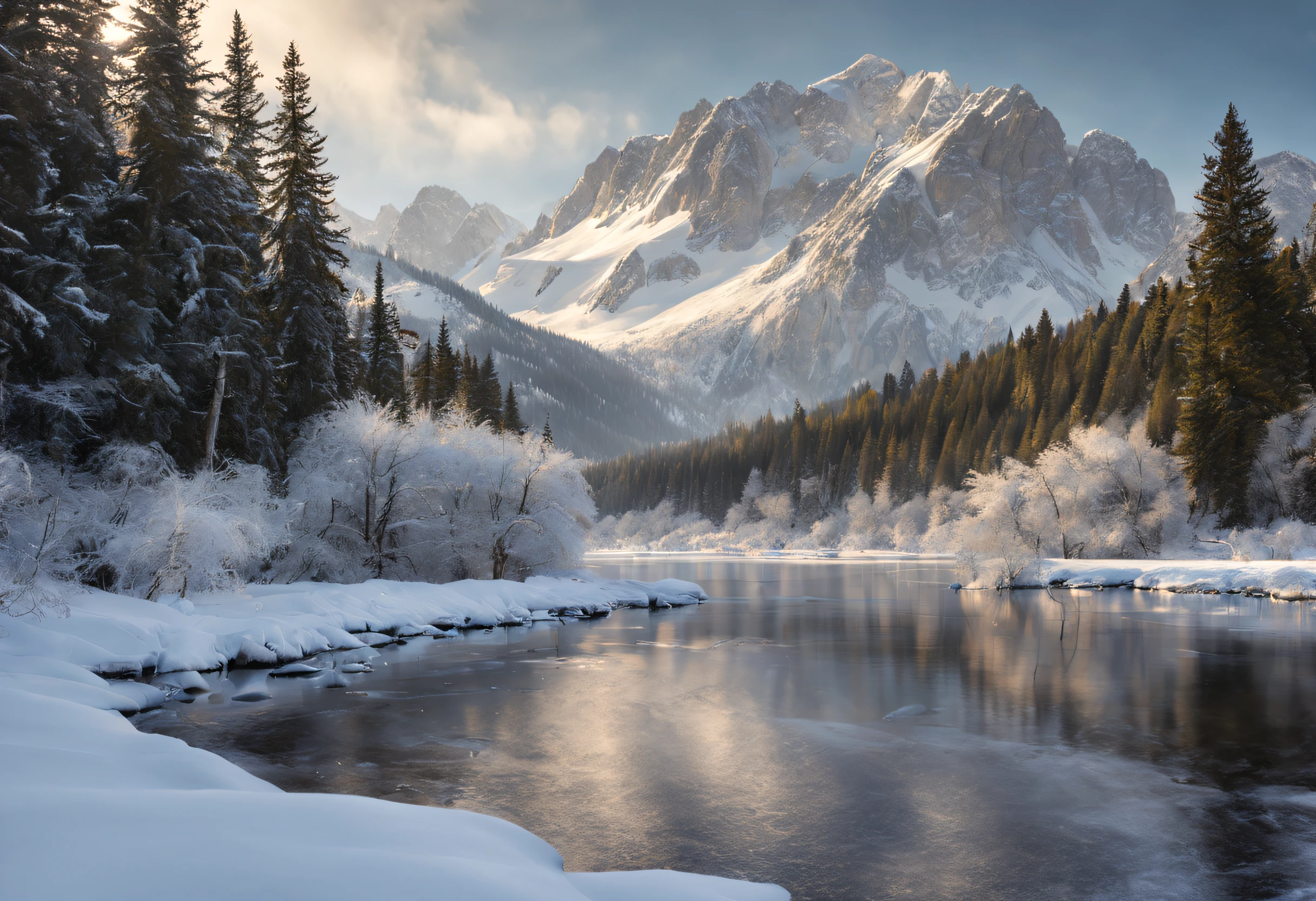(best quality,4k,8k,highres,masterpiece:1.2),ultra-detailed,(realistic,photorealistic,photo-realistic:1.37),professional photography,wonderful,winter landscape,award-winning image,crisp white snow,glistening ice-covered trees,clear blue sky,snow-capped mountains,frosty breath,subtle sunlight peeking through the clouds,majestic frozen lake,pristine untouched wilderness,tranquil atmosphere,captivating scenic beauty,solitude and serenity,enchanted winter wonderland,dramatic perspective and depth,artistic composition,impeccably balanced colors,soft cool tones,harmonious blend of whites,grays,and blues,delicate play of light and shadows,textured layers of snow,crystal clarity and sharpness,meticulous attention to detail,awe-inspiring natural grandeur,peaceful and still moments,capturing the essence of winter's enchantment.