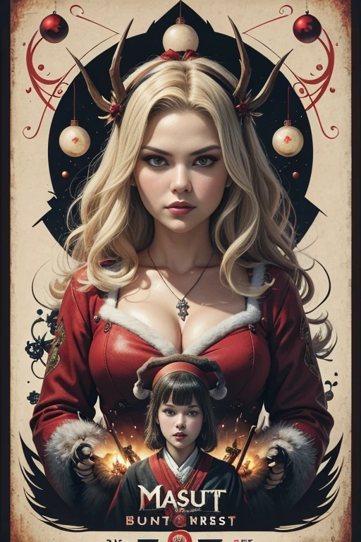 (masutepiece, Best Quality), Jennifer Morrison、8K Wallpaper, Highly detailed, poster for, krampus, vintage horror, 1940's, christmas horror thriller movie poster, Bauhaus, shapes, lines, Abstract, propaganda, Gothic, Cinematic poster, Vintage,