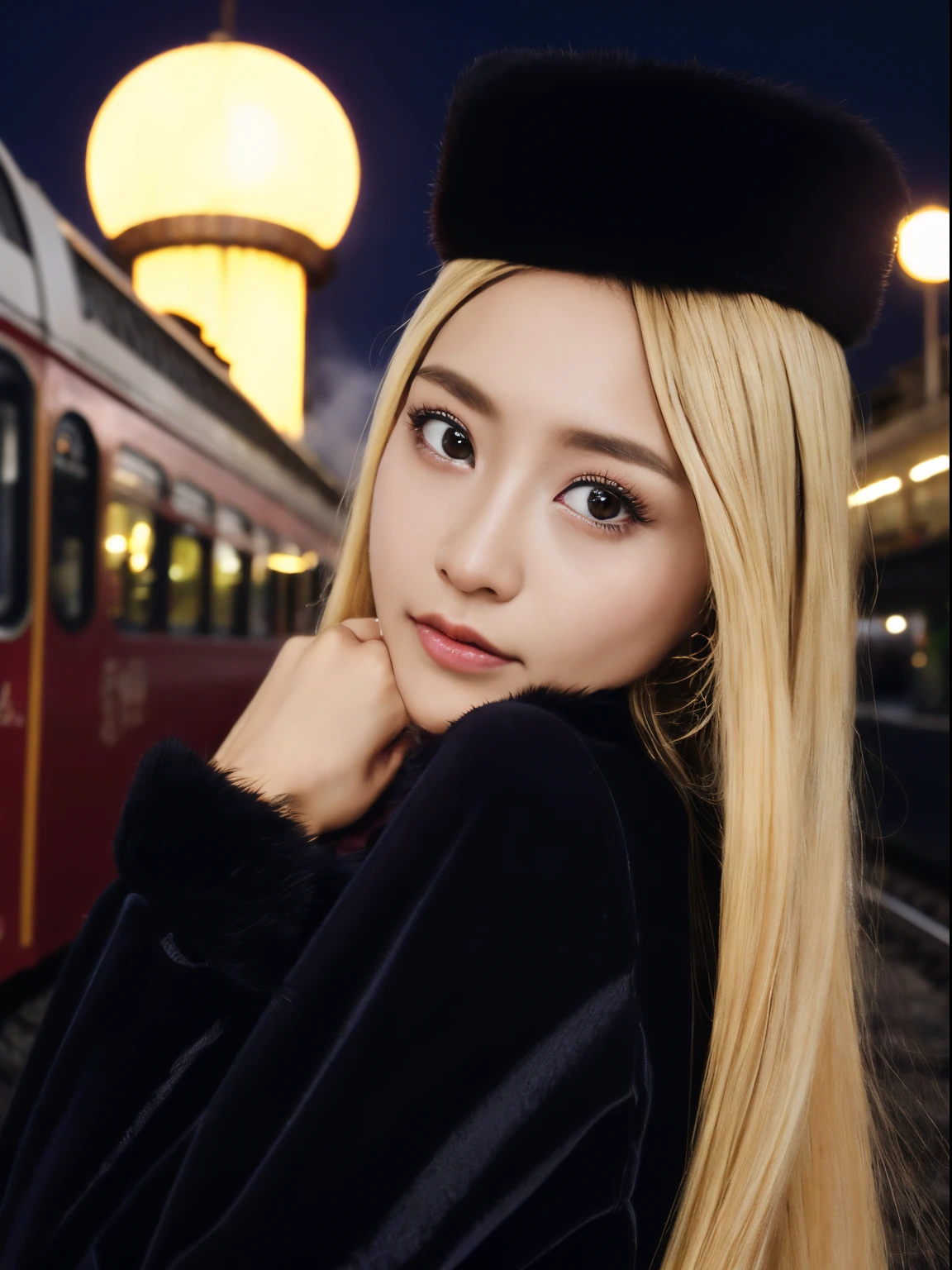 8k,(masterpiece:1.4)(best quality:1.4),(top quality), 1girl,maetal, long hair, blonde hair,  yellow eyes,fur trim, black headwear,fur hat,steam train station,  outdoor, night galaxy,  looking at viewer,  solo focus,(shiny skin), ,