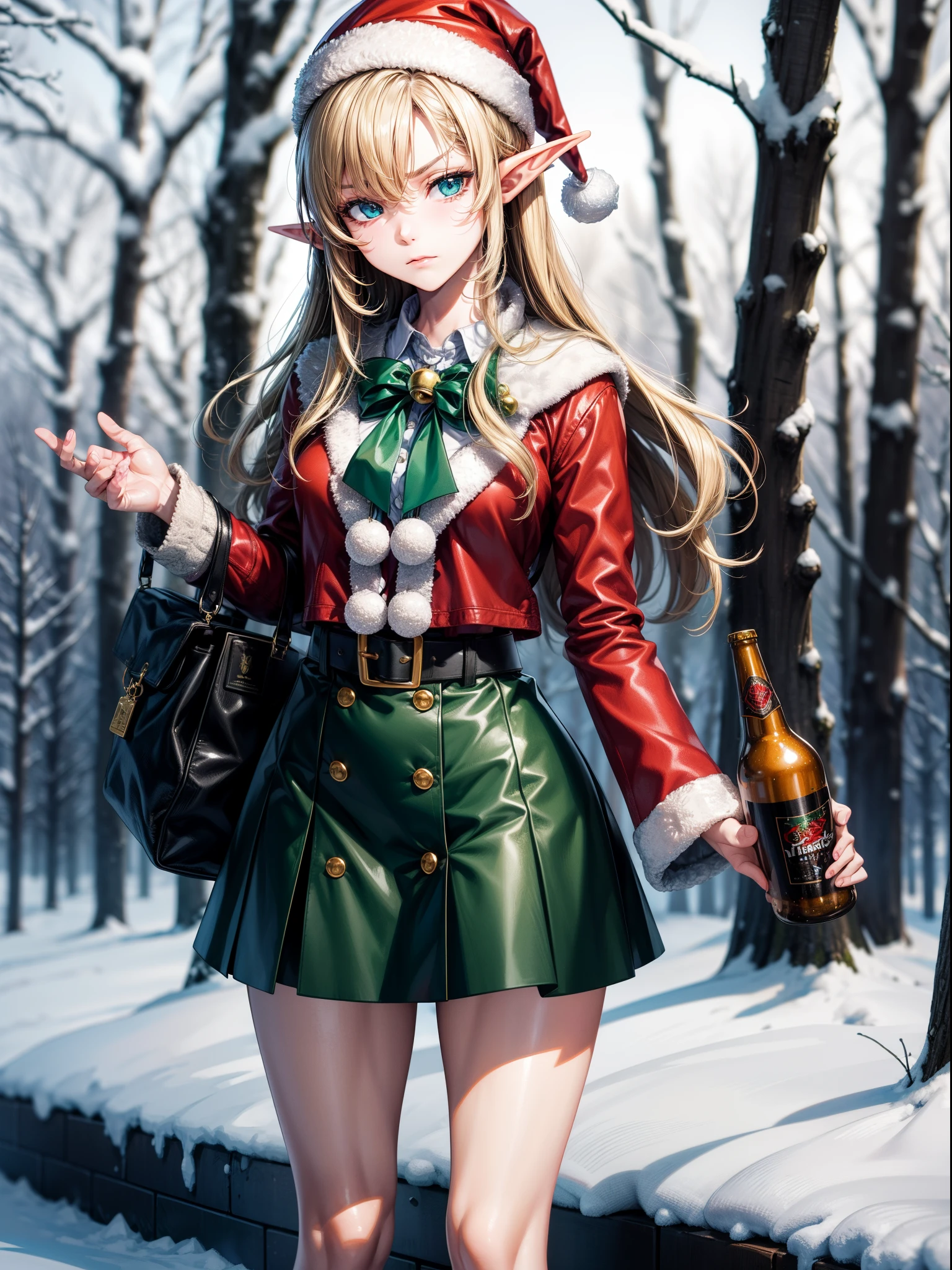 Solo best quality, masterpiece, extremely detailed CG, extremely detailed 8K wallpaper, outdoors, snowy woods, Christmas, Elf girl, extremely detailed character ultra-detailed, beautiful, solo girl, perfect face, sharp focus, intricate details, ultra detailed body, ultra detailed hair, pale, blonde hair, a green santa's elf outfit, green hat with gold bell, blue eyes, leaning against a tree, looking at viewer, irritated expression, bags under eyes, bottles of beer around girl, pointy elf ears average height, around 150 cm tall, crossing arms, petite body, flat chest, green shoes that curl, white and red striped shirt, green elf jacket, leather belt with golden buckle, irritated face, overworked, santas's little elf outfit, black bags under eyelids, tomoko-kuroki, cute and wholesome outfit