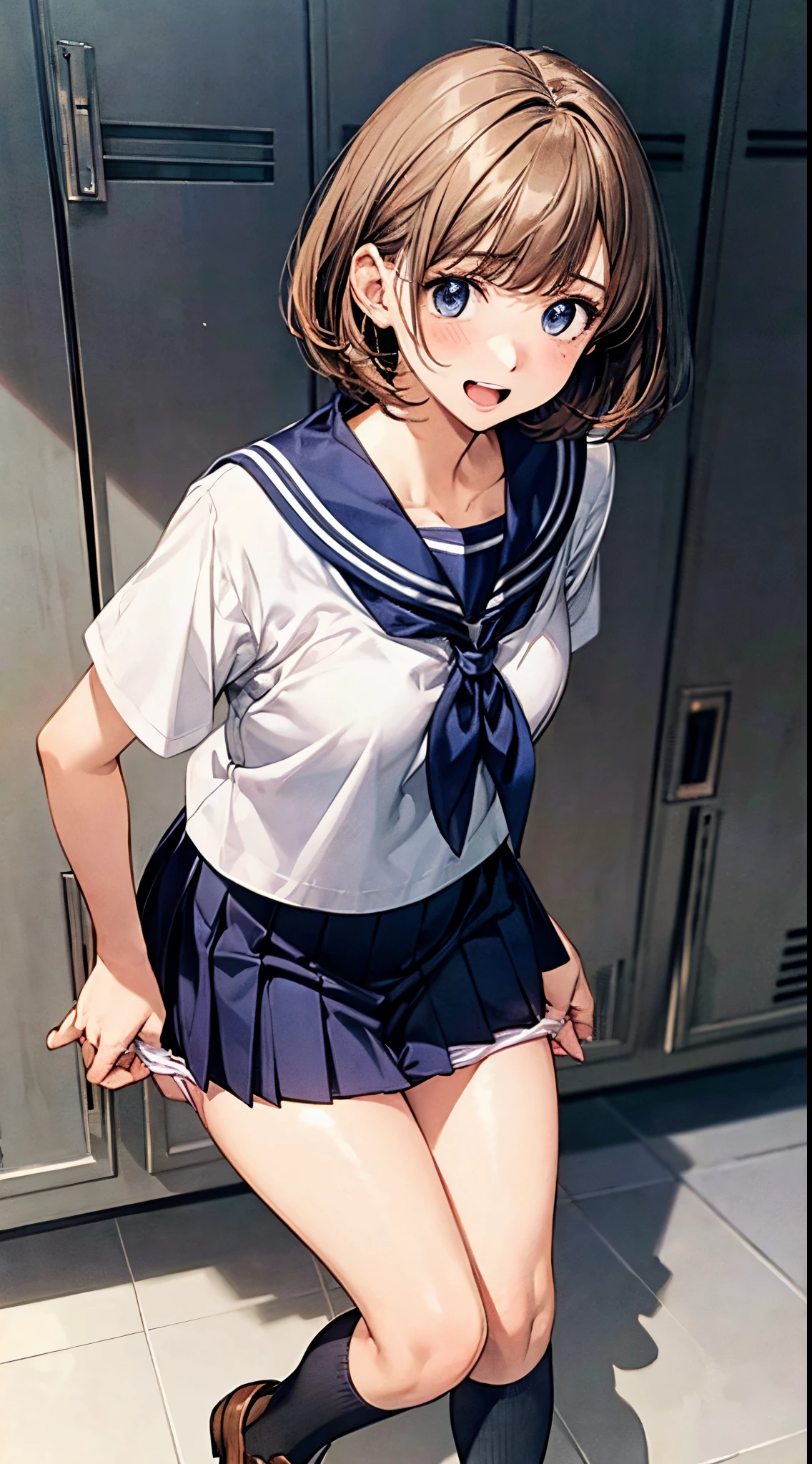 (((perfect anatomy, anatomically correct, super detailed skin))), 1 girl, japanese, high school girl, shiny skin, watching the viewer, back view: 0.7, (low angle:1.2), 
beautiful hair, beautiful face, beautiful detailed eyes, (short hair:1.1, bob cut:1.2), dark blonde hair:1, blue eyes, babyface, mole under eye, 
beautiful clavicle, beautiful body, beautiful breasts, large breasts:0.5, beautiful thighs, beautiful legs, 
((short sleeves, all dark blue cute sailor suit, dark blue pleated skirt, dark blue sailor collar, sailor scarf, socks, brown loafers)), seductive thighs, (red slave collar), 
((, surprised, , open mouth)), standing, ((undressing, panty pull)), 
(beautiful scenery), summer, school, locker room, 
8k, top quality, masterpiece​:1.2, extremely detailed), (photorealistic), beautiful illustration, natural lighting, ,