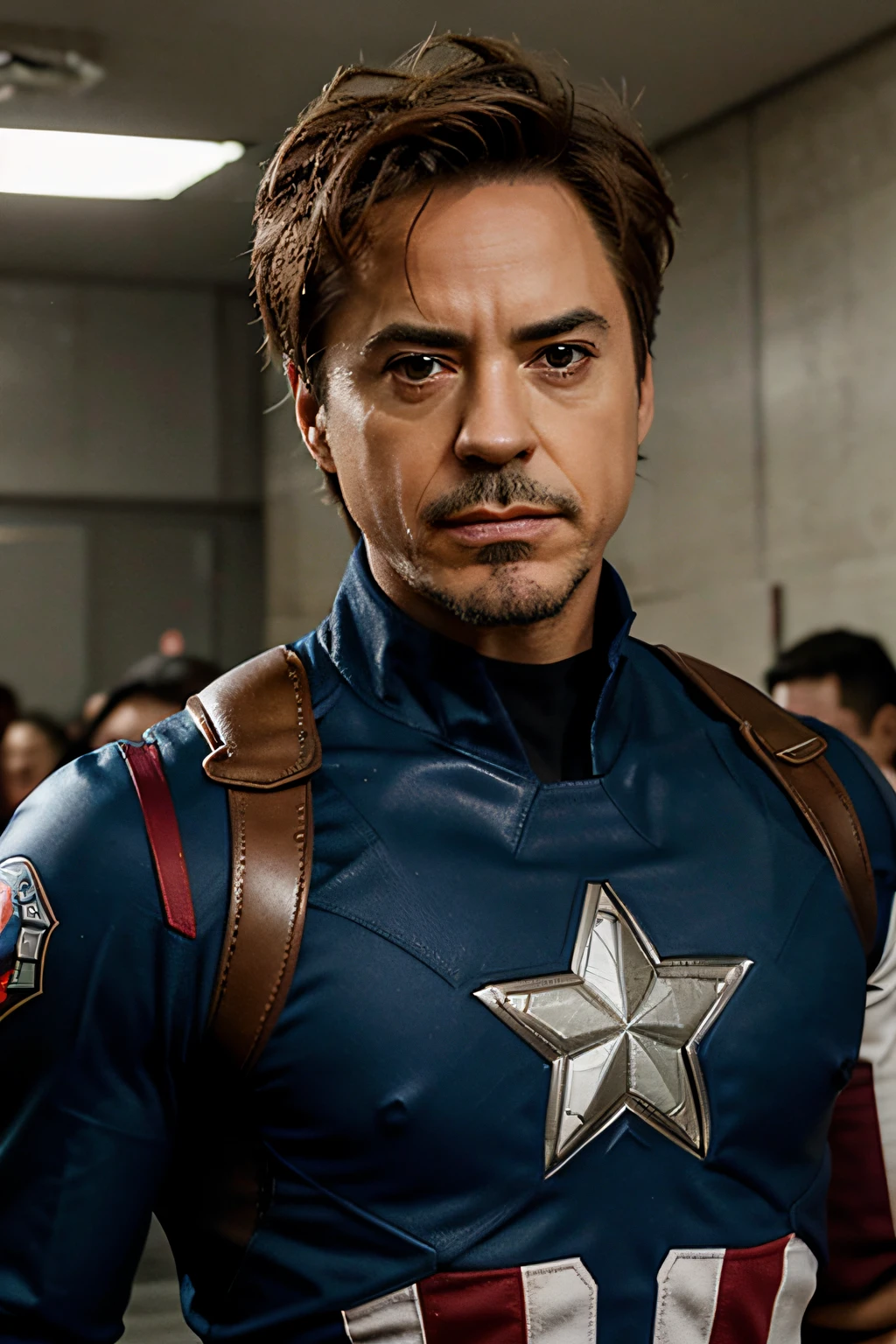 robert downey jr dressed as captain america, olhar heroico, Facing the camera squarely