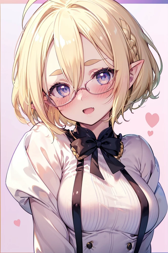 ultra detailed, best quality, high resolution, ((16k)), ((1 )), ((1boy)), pale skin, petite, (glossy blonde hair:1.5), (very short hair), (ahoge:1.5), (glasses), pointy ears, (blush:1.5), blue eyes, ((large breasts)), cowboy shot, ((single short braid:0.8)), wavy mouth, open mouth:1.5, ((hair ribbon)), nsfw, ((nude:1.5)), ((paizuri:1.5, penis)), ((forehead:1.3))