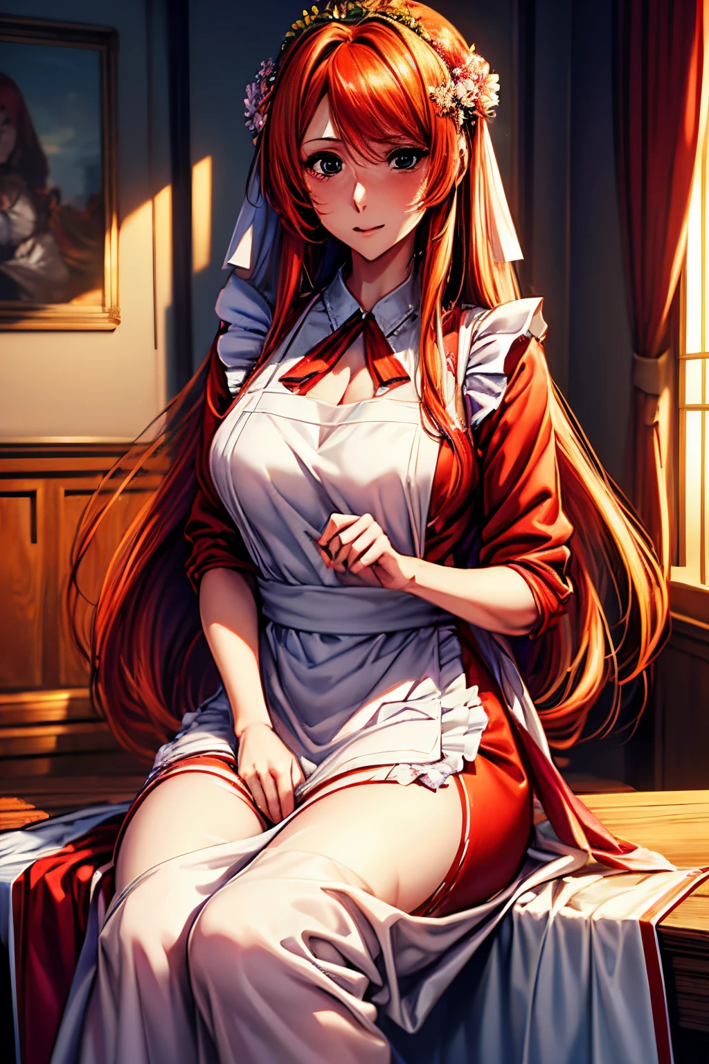 (Best quality,8K,A high resolution,tmasterpiece:1.2),Digital artwork,A woman in her twenties，with beautiful red hair,gentle expressions,'s, inoueorihime，They want，Exposed apron，Petal headdress