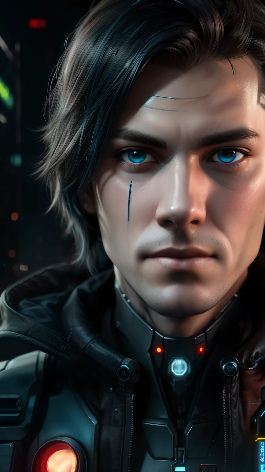 Robot man with blue eyes and black jacket, Attractive sci-fi face, Detailed android face, detailed portrait of a cyborg, Portrait of a cyborg, digital cyberpunk anime art, Cyborg Man, Male android, hyper realistic cyberpunk style, integrated synthetic android, portrait of an android, Portrait of a cyberpunk cyborg, sci - fi character