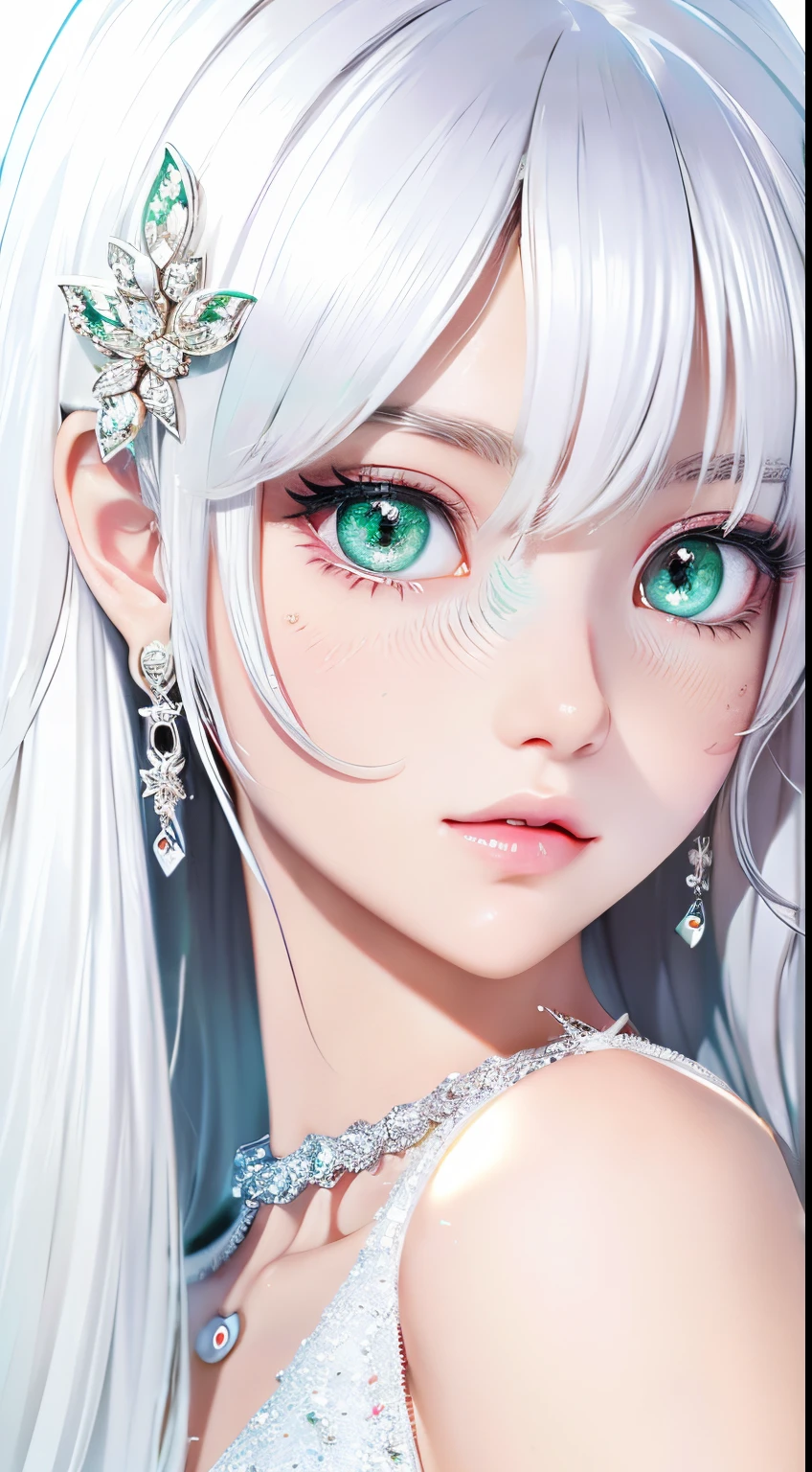 (animesque)(2-dimensional)1 girl in、White hair、length hair、White eyes、Gradient eyes、Sparkling eyes、Bright pupils、finely eye、expressive eyes、White dress、jewely、White lighting、white theme、(foam:1.5)、Abstract、best qualtiy、ultra-detailliert、
