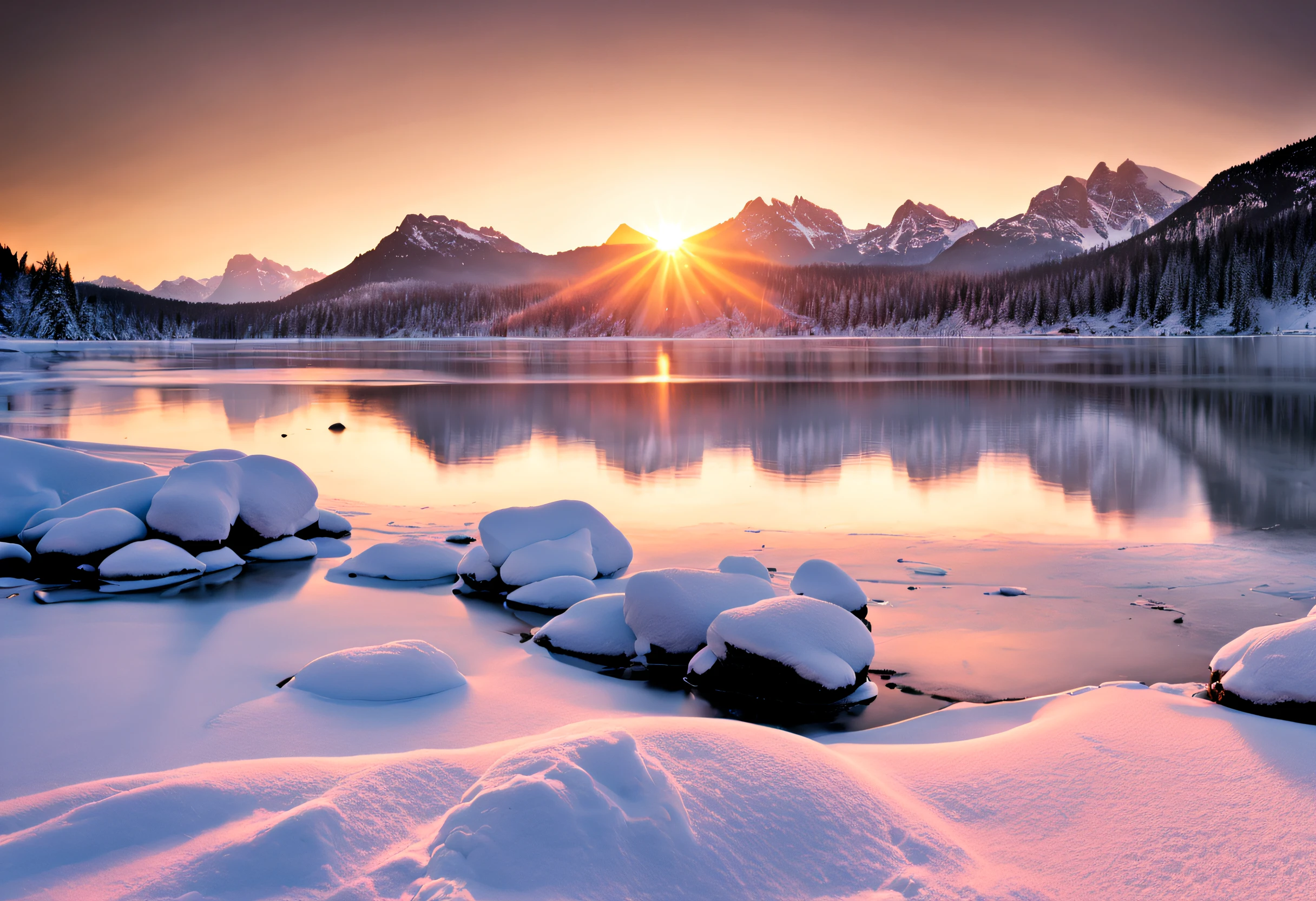 winter:1.1,landscape:1.1,stunning,detailed snow-covered mountains,glistening icy lake,frosty trees,breathtaking sunset,hazy winter sky,subtle color palette,soft natural light,peaceful and serene atmosphere,silence and tranquility,majestic and awe-inspiring scenery,crisp and cold air,ethereal and dreamlike quality,harmony between nature and stillness