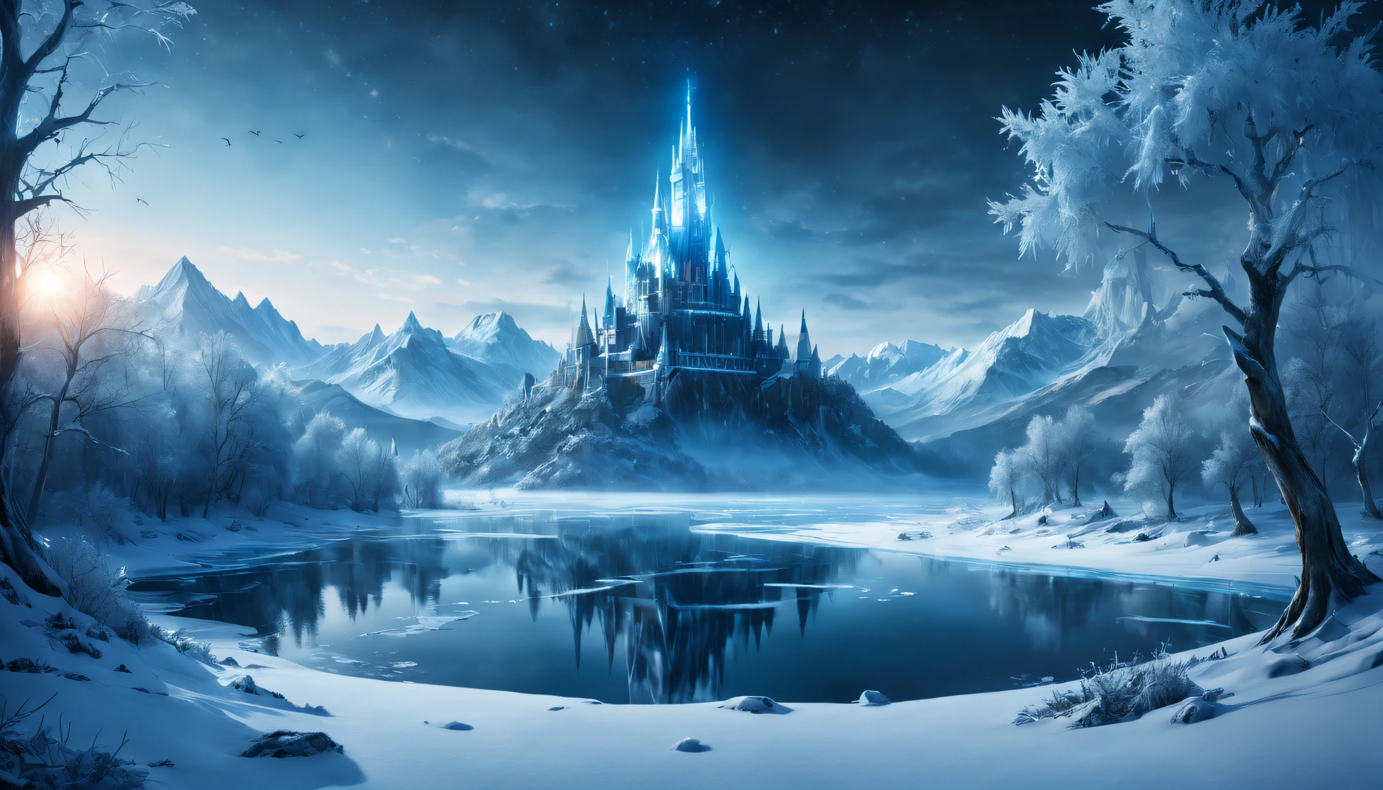 wallpaper hd, Glowing arcs and metal light chains on the frozen lake, Movie poster style and HD top view photography, game of thrones style, Unpleasant, terror, Scary look, hyper HD, 8K分辨率, balancing, High dynamic range color, to emphasize