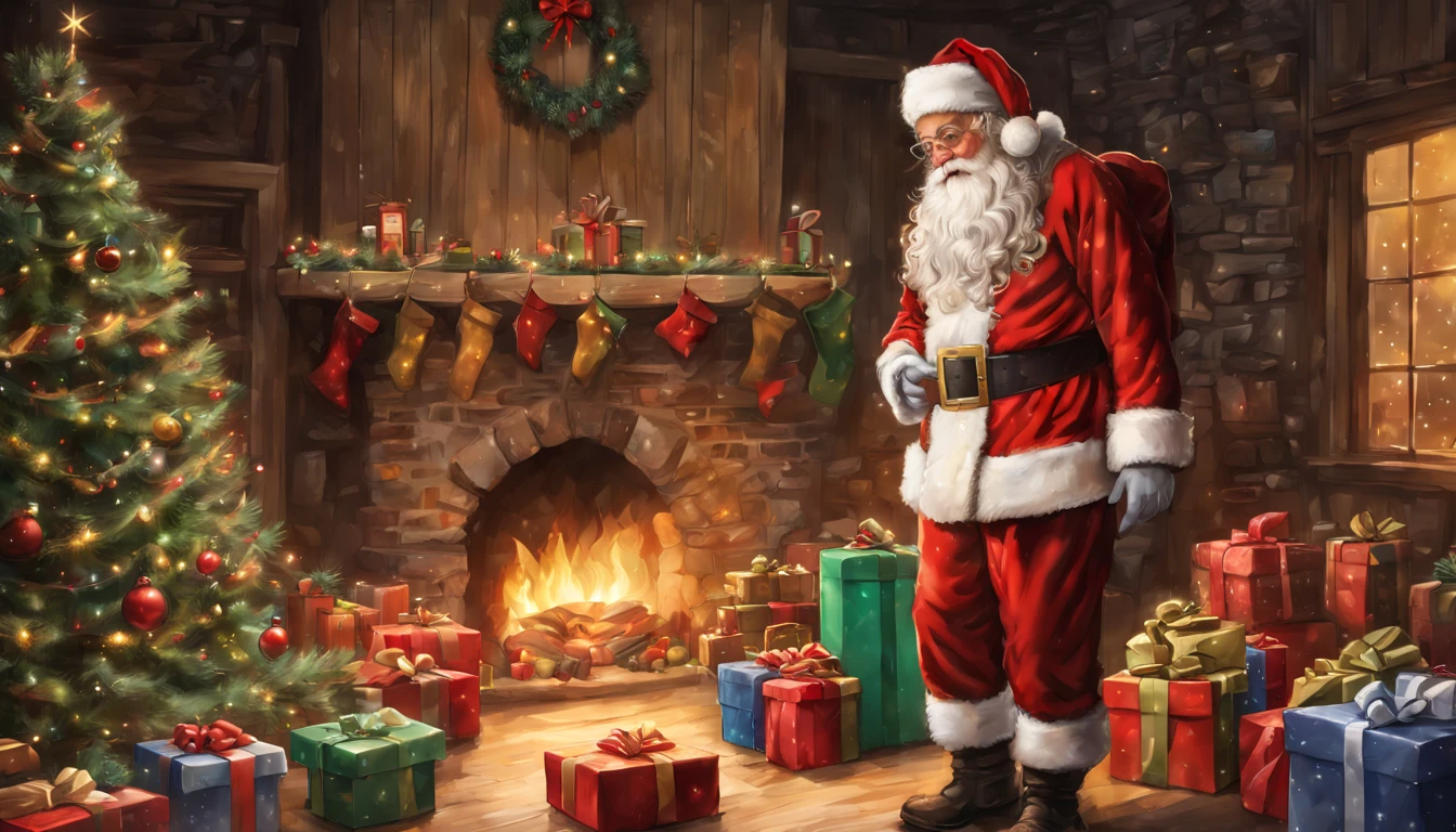 Em uma casa de estilo europeu，Santa Claus is looking at the gift list，Gift decoration christmas tree, Santa, cada，tordo，Elementos natalinos，Estilo Europeu，The floor is full of Christmas presents，Very high resolution, arte tradicional, Santa's Studio, ultrahigh-resolution, illustration, Noite de Natal, extremely high-resolution, Papai Noel em um celeiro do campo, hiper realisitc，primoroso、melhor qualidade、hiper-detalhado、fim、Detalhes de posicionamento、Colorido colorido