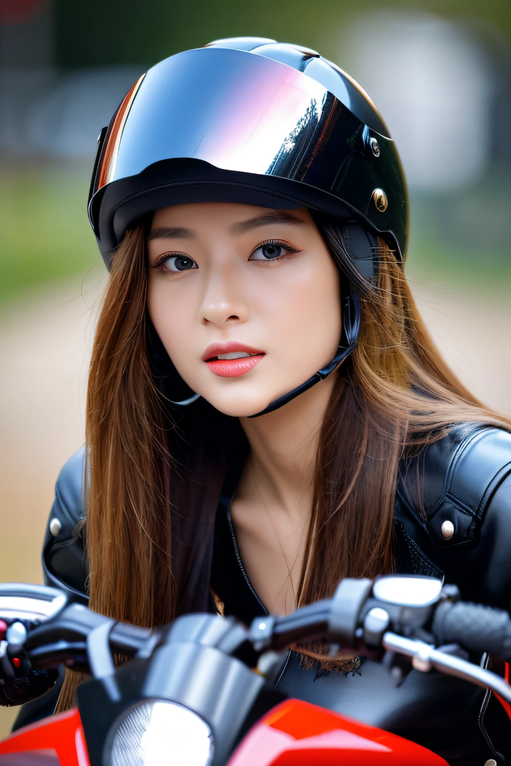 8K,超高分辨率,quality、tmasterpiece、hyper HD、(Realism in photos:1.4)、(1 girl in)、(riding motorcycles)、longer sleeves、(Sexy black and leather racing suit)、(A long blonde hair)、(wetting hair)、Super detailed faces、Super detailed teeth、red lipsticks、circuit、racer、's,plumw,The eyes are full,riding motorcycles,Chest is open,motorcycle helmet