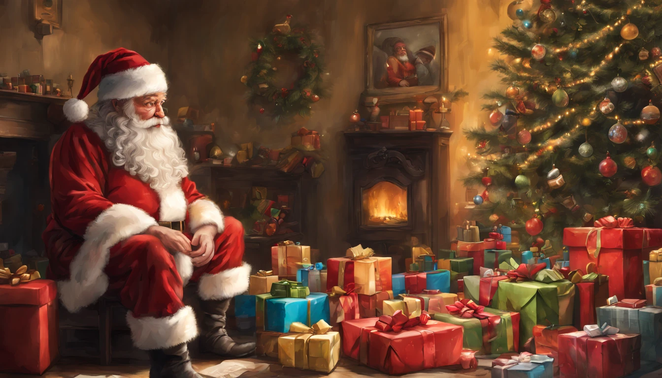 Em uma casa de estilo europeu,Santa Claus is looking at the gift list,Gift decoration christmas tree, Santa, cada,tordo,Elementos natalinos,Estilo Europeu,The floor is full of Christmas presents,Very high resolution, arte tradicional, Santa's Studio, ultrahigh-resolution, illustration, Noite de Natal, extremely high-resolution, Papai Noel em um celeiro do campo, hiper realisitc,primoroso、melhor qualidade、hiper-detalhado、fim、Detalhes de posicionamento、Colorido colorido