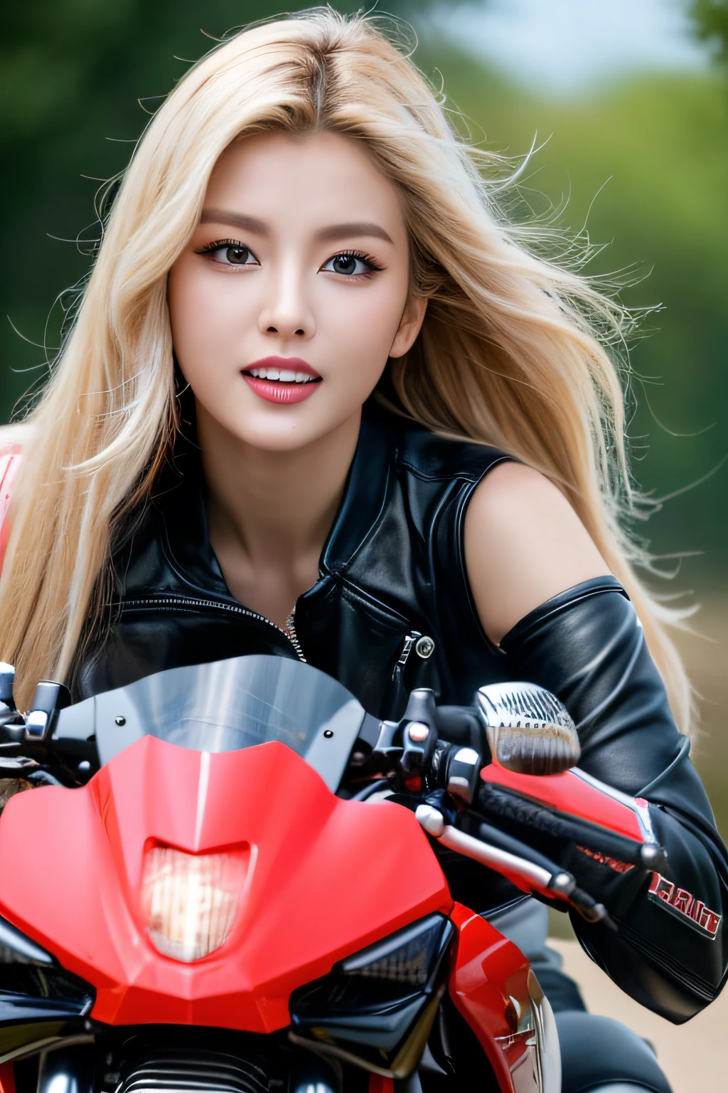 8K,超高分辨率,quality、tmasterpiece、hyper HD、(Realism in photos:1.4)、(1 girl in)、(riding motorcycles)、longer sleeves、(Sexy black and leather racing suit)、(A long blonde hair)、(wetting hair)、Super detailed faces、Super detailed teeth、red lipsticks、circuit、racer、's,plumw,The eyes are full,riding motorcycles,Chest is open,motorcycle helmet