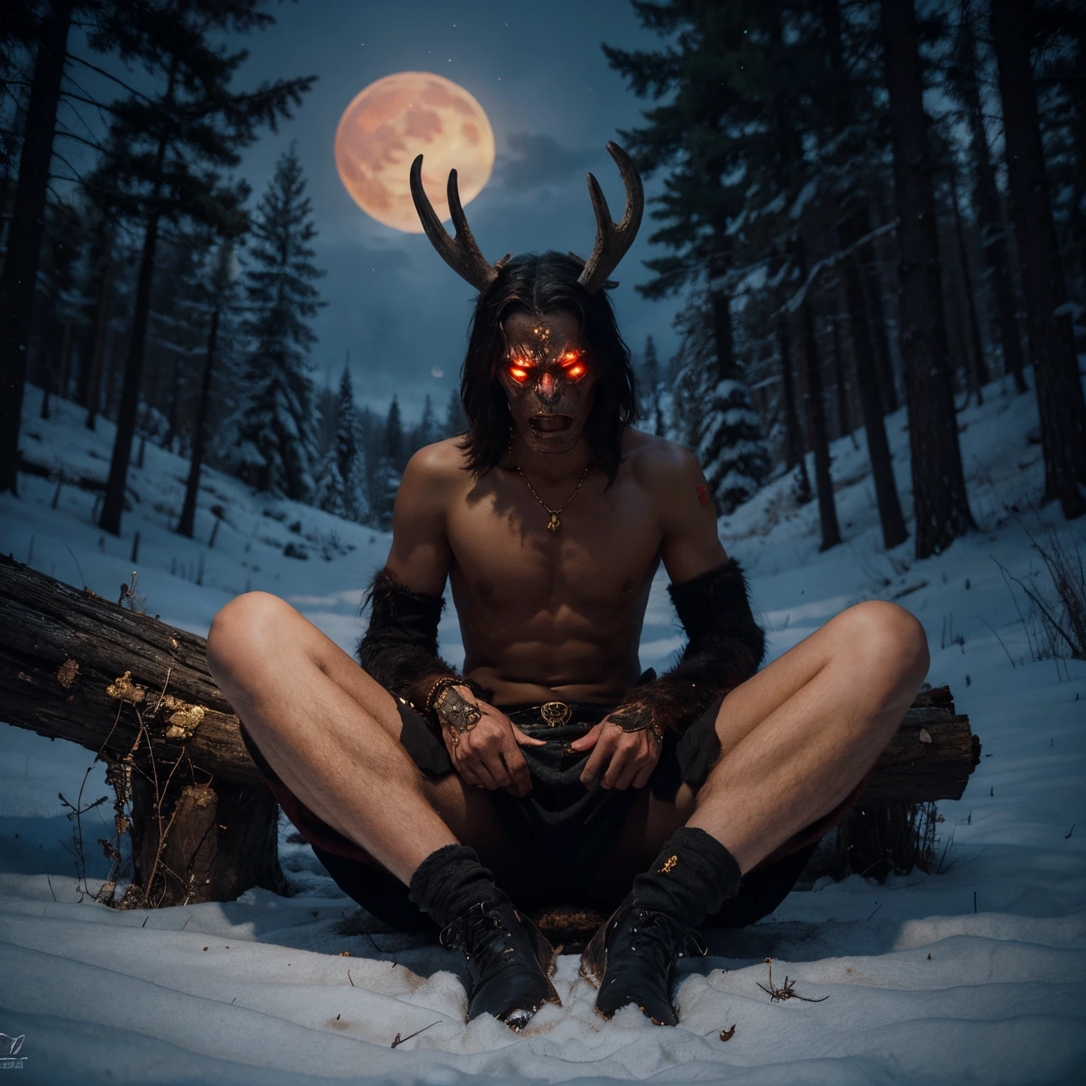 Wendigo wearing golden jewelry sitting with legs crossed on a log in dark red forest under the a red moon, fantasy art style