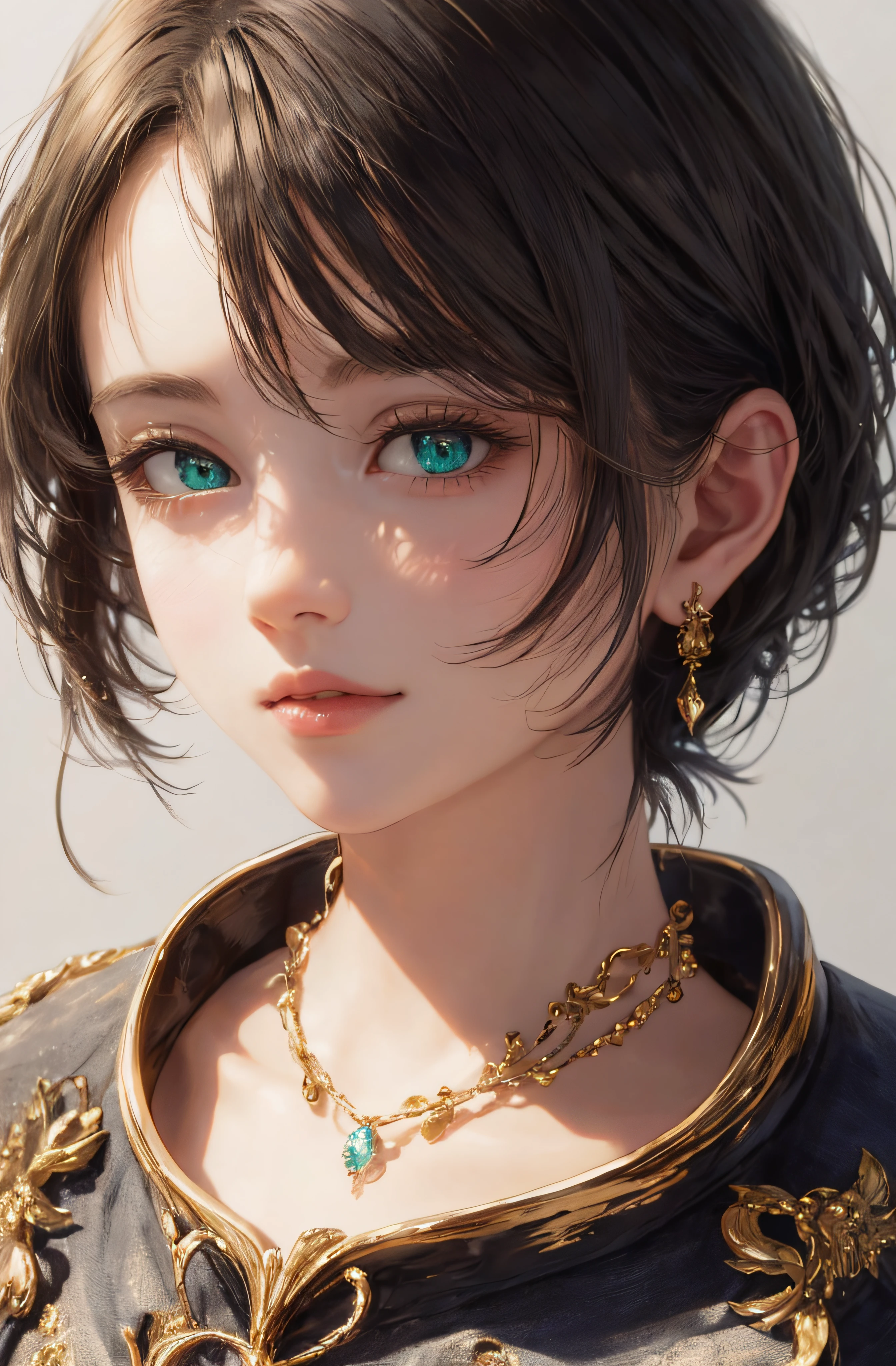 8K、realphoto、超A high resolution, Master Parts, Best Quality, nffsw , cinematic images,Lovely girl、ann、16 only、Anglo-Saxon、二重まぶた、drooing eyes、Very big eyes、Eyes are green、Dark eye shadow、The lips are very thin、The tip of the nose stretches beautifully.......、the tip of the nose is small,,,,, ighly detailed , Dark gold hair、Straight short hair、ssmile、 Sweet look 、a very beautiful woman、legs are long、 Very clear shadows , jewely , A sexy , A detailed eye, very intricate, shiny skins , Perfect Brilliant, Perfect Lighting, Dramatic shadows、See-through white dress