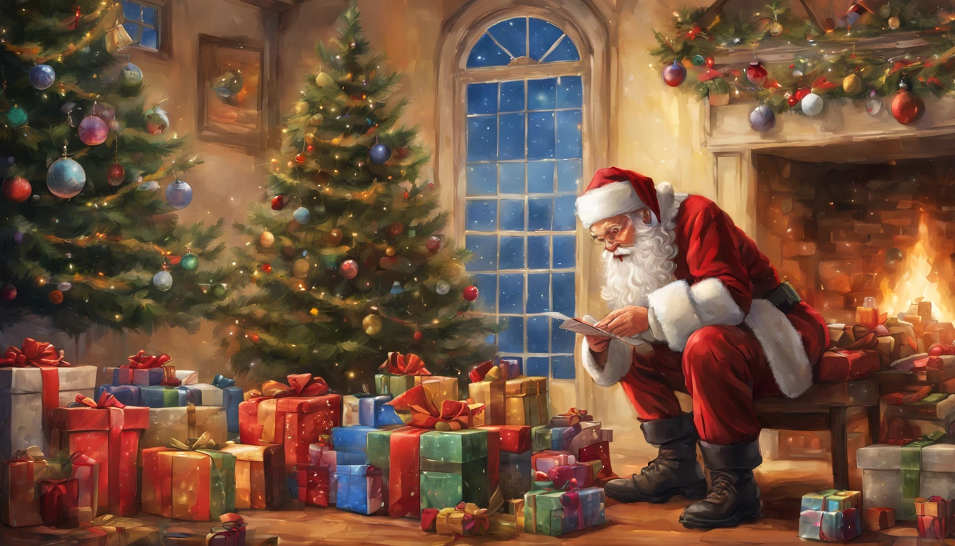 Em uma casa de estilo europeu,Santa Claus is looking at the gift list,Gift decoration christmas tree, Santa, cada,tordo,Elementos natalinos,Estilo Europeu,The floor is full of Christmas presents,Very high resolution, arte tradicional, Santa's Studio, ultrahigh-resolution, illustration, Noite de Natal, extremely high-resolution, Papai Noel em um celeiro do campo, hiper realisitc,primoroso、melhor qualidade、hiper-detalhado、fim、Detalhes de posicionamento、Colorido colorido
