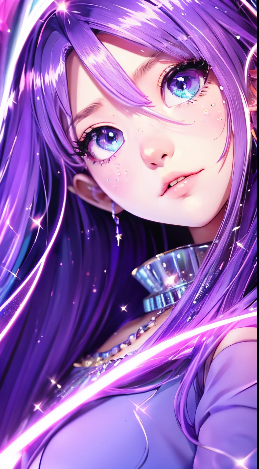 （quadratic element）（animesque）1 girl in、Purple hair、length hair、Purple eyes、Gradient eyes、Sparkling eyes、Bright pupils、finely eye、expressive eyes、Purple dress、jewely、Purple lighting、purple theme、（foam：1.5）、Abstract、best qualtiy、ultra-detailliert、