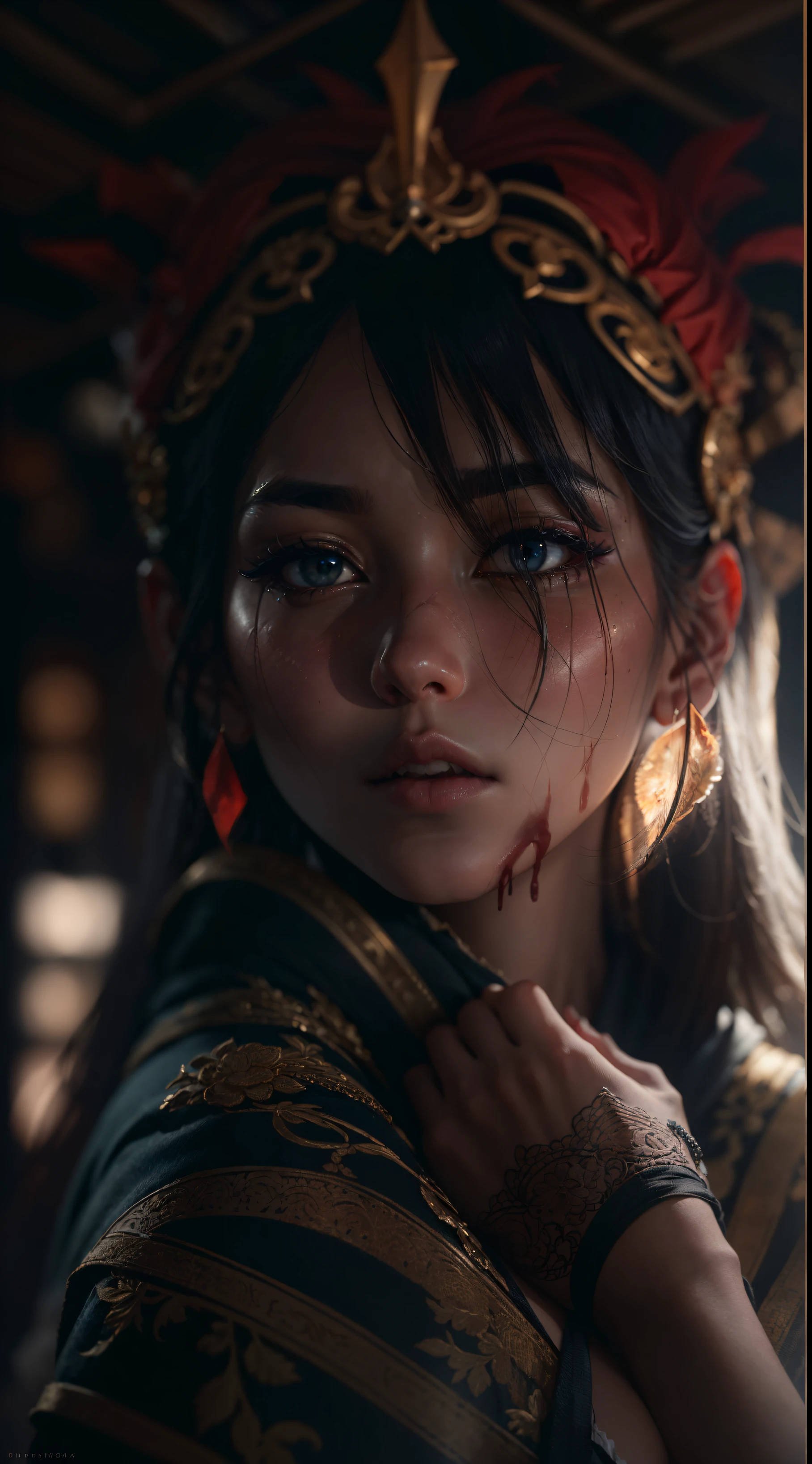 An exquisite portrait of a gorgeous Asian woman with extremely detailed skin, she has blood running down her face, battle scars and looks angry, the photograph captured in stunning 8k resolution and raw format to preserve the highest quality of details. The woman's beauty is undeniable, her face commanding the frame in a close-up shot that reveals the intricate details of her eyes. She wears a dress that complements her radiant skin, and her eyes are portrayed with meticulous attention to detail, showcasing the captivating depth within. The photograph is taken with a lens that emphasizes the defiance in her gaze, and the backdrop is a temple in ruins with fire embers flying everywhere. The lighting and shadows are expertly crafted to bring out the richness of her skin tone and the subtle nuances of her features. Her black hair, with its distinct hue, adds a touch of warmth and contrast against her skin. The interior setting adds a sense of intimacy, while her eyes tell their own story. The overall composition captures her essence with authenticity and grace, creating a portrait that is a celebration of her heritage and beauty. Photography by defiance512, utilizing the best techniques for shadow and lighting, to create a mesmerizing portrayal that transcends the visual.