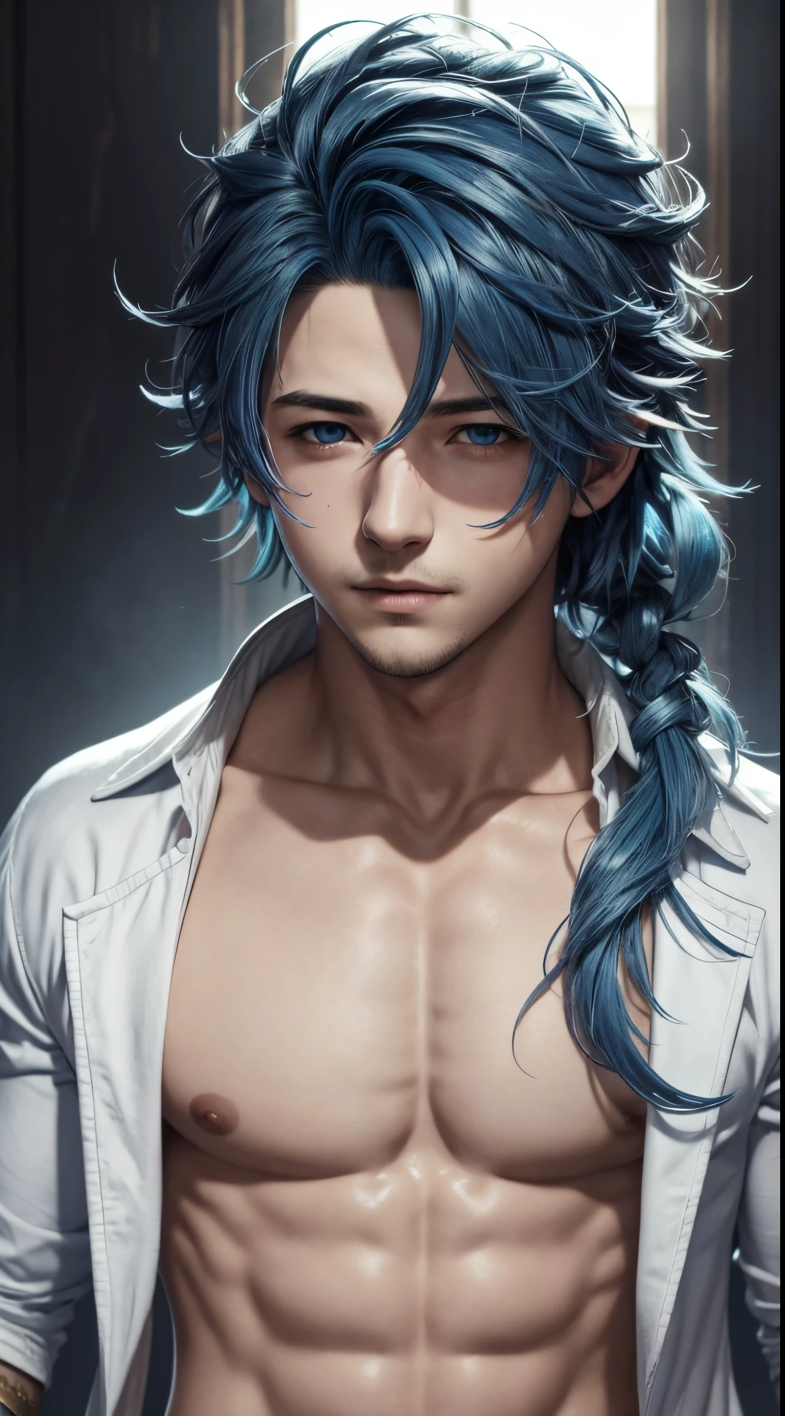 Absurdres masterpiece HDR high quality head shot of a handsome boy from octopath traveler  character with blue hair in topless and white clothes