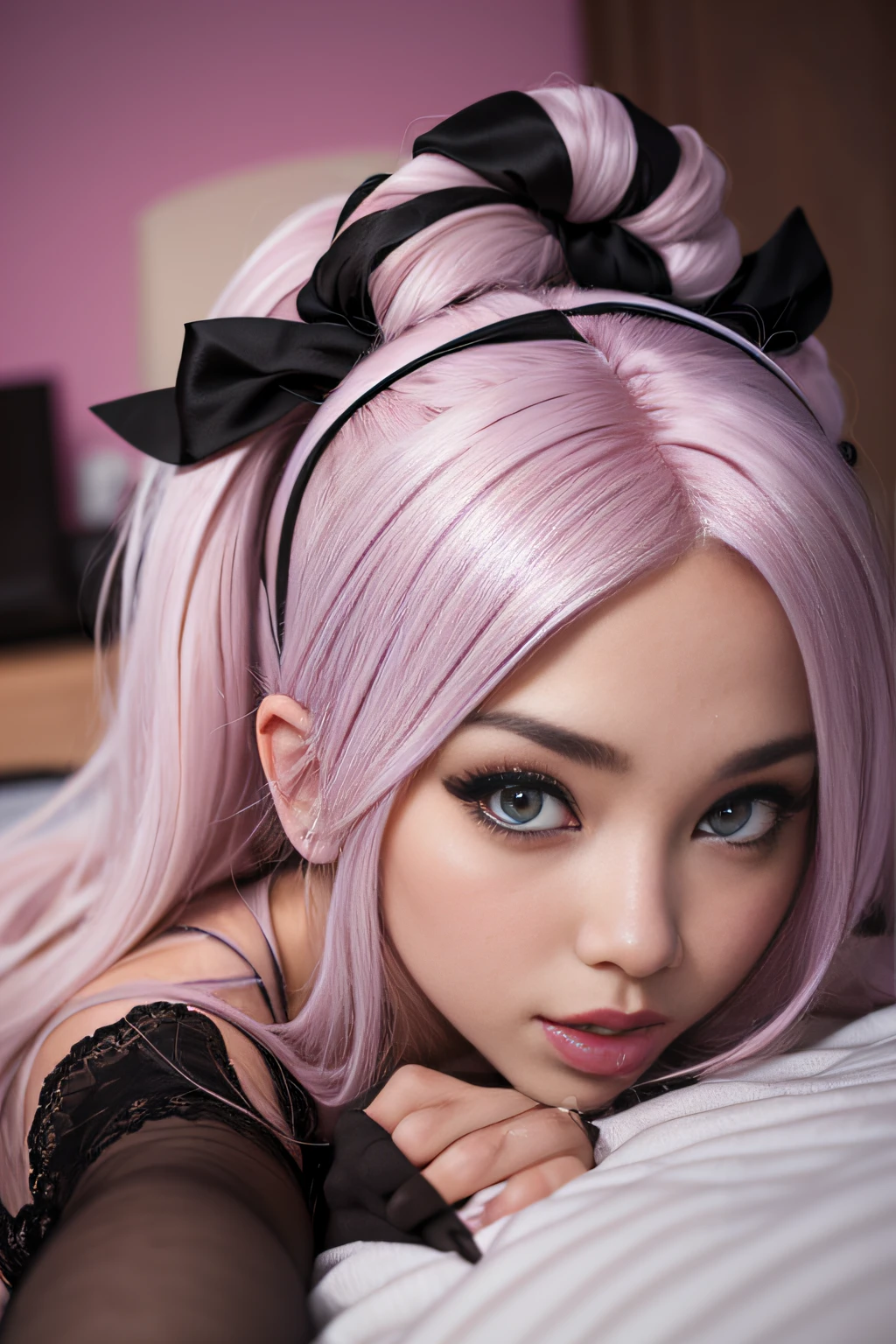 blond haired woman in a white and black outfit laying on a bed, belle delphine, ahegao, anime vibes, ahegao face, anime barbie in white stockings, shikamimi, webcam footage, highly realistic. live cam, y 2 k cutecore clowncore, pink twintail hair and cyan eyes, blonde hair and large eyes, low quality video