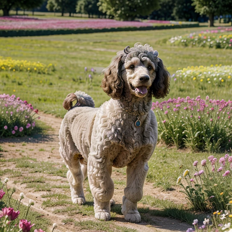 A happy poodle walking in a field surrounded by flowers. The poodle has a gray color coat and is full of happiness. The scene is of the best quality, with high resolution and a masterpiece level of detail. It is ultra-detailed and realistic, with a realistic touch of 1.37.