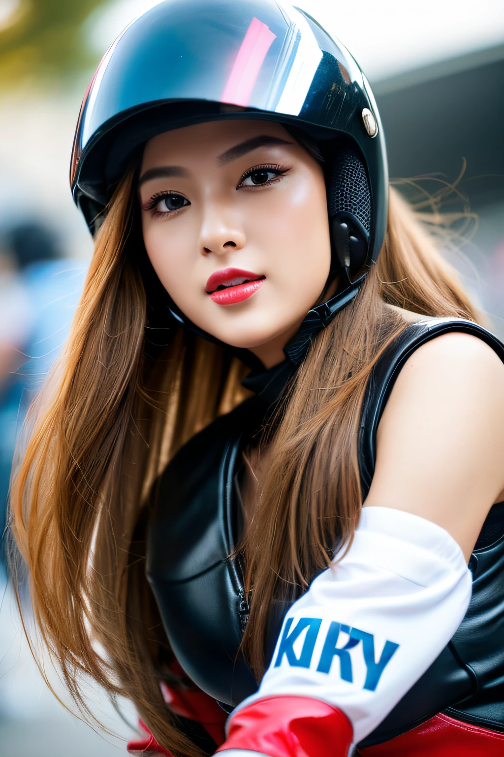 8K,超高分辨率,quality、tmasterpiece、hyper HD、(Realism in photos:1.4)、(1 girl in)、(riding motorcycles)、longer sleeves、(Sexy black and leather racing suit)、(A long blonde hair)、(wetting hair)、Super detailed faces、Super detailed teeth、red lipsticks、circuit、racer、's,plumw,The eyes are full,riding motorcycles,Chest is open,motorcycle helmet