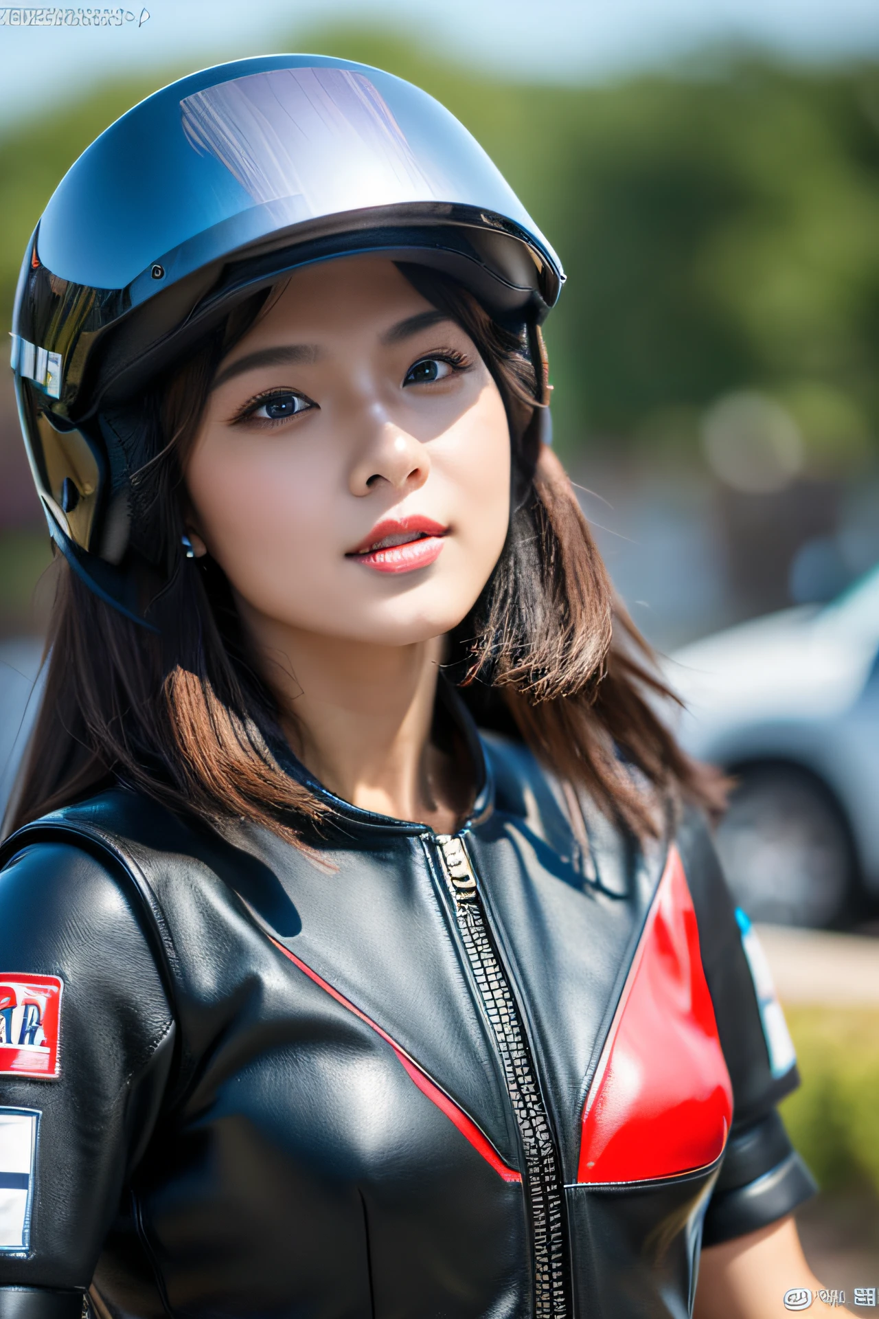 8K,超高分辨率,quality、tmasterpiece、hyper HD、(Realism in photos:1.4)、(1 girl in)、(riding motorcycles)、longer sleeves、(Sexy black and leather racing suit)、(A long blonde hair)、(wetting hair)、Super detailed faces、Super detailed teeth、red lipsticks、circuit、racer、's,plumw,The eyes are full,riding motorcycles,Chest is open,motorcycle helmet