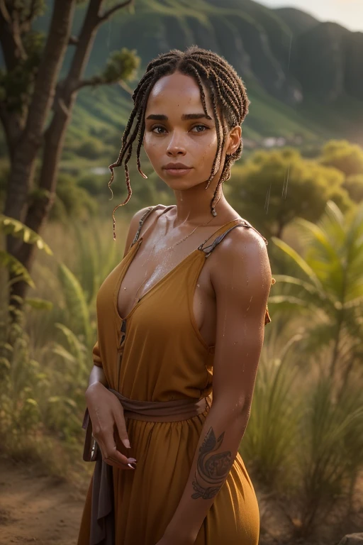 ((Zoe Kravitz)), ((sie steht in der Savanne unter einem Baum)), bedrohliche Gewitterwolken im Hintergrund, ((es regnet)), ((wet clothing)), ((wet hair)), (wet body), (she wears an ochre-colored long dress), ((she has round breasts)), (kleiner Kopf), ((detailliertes Gesicht)), Weiches filmisches Licht, ((((Kino-Look)))), (fotorealistisch), (Raytracing), (scharfer Fokus), ((natural realistic skin texture)), detailliertes Gesicht, detaillierte Lippen, detaillierte Augen, doppeltes Augenlid, (1 Bild), (1 Frau)