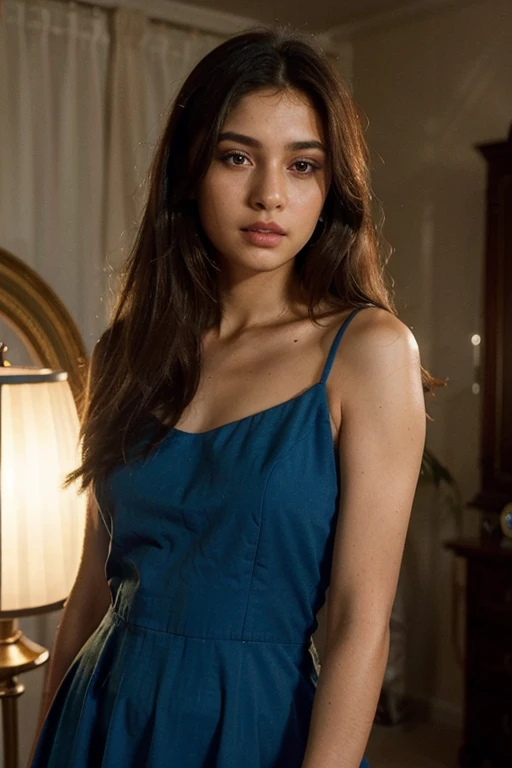 (Best quality, Ultra-detailed, Golden Ratio, Masterpiece:1.2), Studio lighting:0.7, Photorealistic portrait of a beautiful pakistani woman in a mall clothing store, turning her head to the side to showcase a striking earring to the camera. The woman should have a flawless, highly detailed face (Highly Detailed Skin) with soft, luminous skin. Her long hair should be naturally brown and stylishly arranged. The focus of the image  on her face and the earring (Sharp Focus on the Face, Perfect Eyes:1.2). The scene should be rendered in muted, warm colors, with the woman standing under a spotlight casting a soft, natural light on her. The photography should feature high-quality film grain (ISO 400, 30mm lens RAW f1.8 aperture, highly detailed) to create the impression of analog photography (Analog Photography:1) with HDR colors,  the scene both realistic and stylish. The image should be a full body shot, from head to toe. The woman should be wearing a beautiful long blue dress