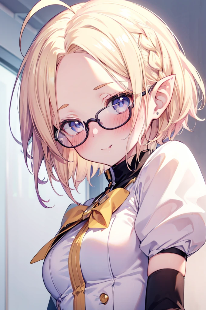 ultra detailed, best quality, high resolution, ((16k)), ((1girl)), ((1boy)), pale skin, petite, (glossy blonde hair:1.5), (very short hair), (ahoge:1.3), (glasses), pointy ears, (blush:1.5), blue eyes, large breasts, ((fang)), ((orgasm:1.3)), ,closed eyes, ((single short braid:0.8)), ((forehead:1.3)), (thick eyebrows:1.3), ((nsfw)), ((nude)), ((vaginal,sex,all fours)), ((chibi:1.3)), bed room, face