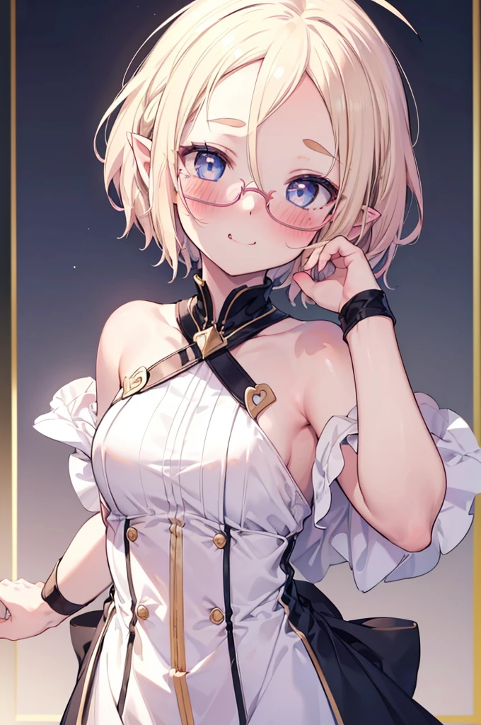 ultra detailed, best quality, high resolution, ((16k)), ((1girl)), pale skin, petite, (glossy blonde hair:1.5), (very short hair), (ahoge:1.3), (glasses), pointy ears, (blush:1.5), blue eyes, large breasts, ((fang)), happy smile, closed mouth, ((single short braid:0.8)), cowboy shot, (rainbow background), ((forehead:1.3)), (thick eyebrows:1.3), ((nsfw)), ((topless)), ((pink panty)), heart:1.5, looking down,