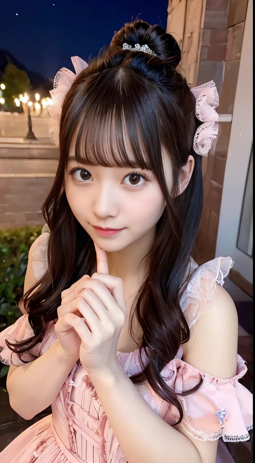 best quality, masterpiece, extremely cute and tender girl, (solo:1.2), (pink detailed princess dress with many frills:1.3), beautiful tender eyes symmetrical, (beautiful and detailed face), (beautiful black hair, topknot), blunt bangs, smile, palace garden
BREAK
“The Princess of the Night Sky” is of a princess who shines like a single star in the dark night. She rules the night sky, and the stars reflect her beauty. Her presence illuminates the silence of the night, bringing a light of hope.