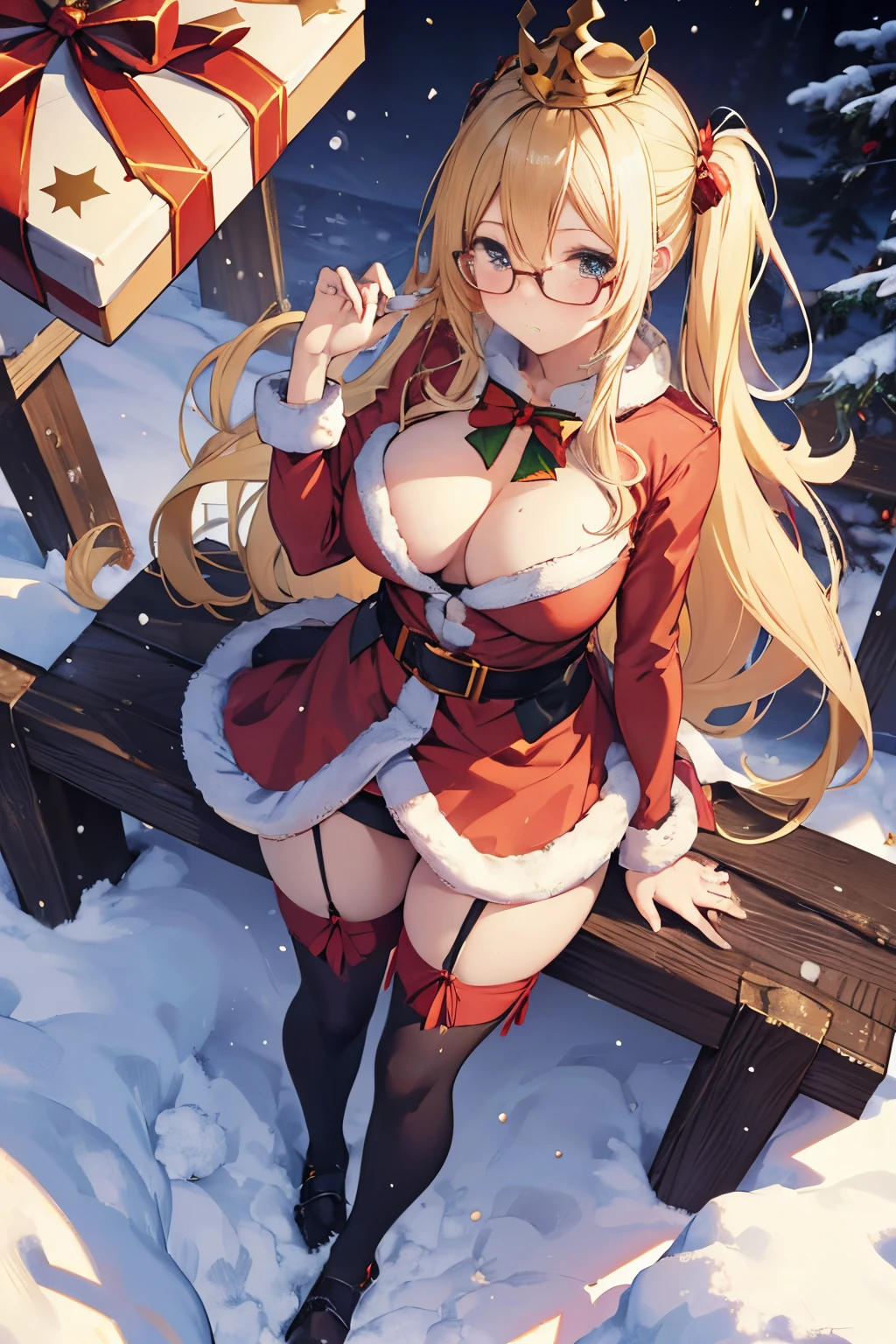 "anime girl, 1 person, bright blonde hair, glasses, crown on head, santa shirt, santa suit, winter suit, winter dress, red dress, big breasts, stockings, standing  cross legs, character perspective, snowfall, christmas gift box, christmas, solo, (full HD 4K+ image)"