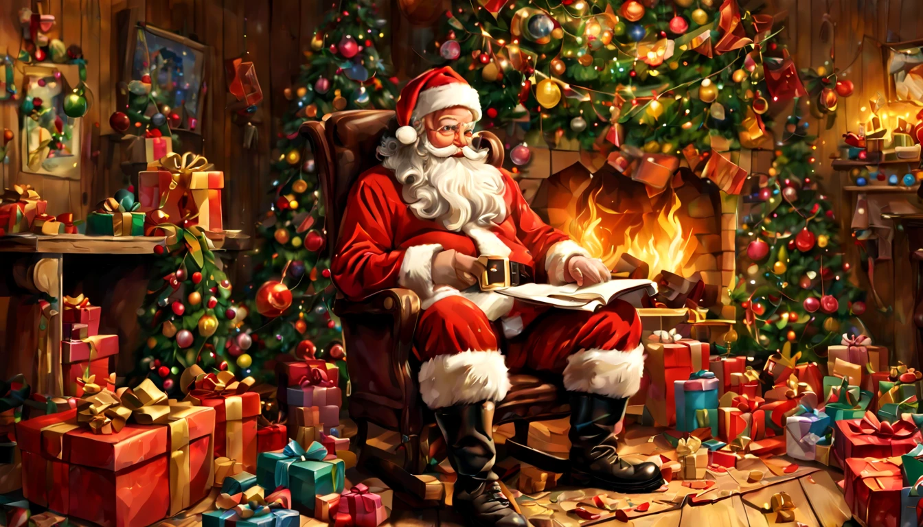 Em uma casa de estilo europeu,Santa Claus is looking at the gift list,Gift decoration christmas tree, Santa, cada,tordo,Elementos natalinos,Estilo Europeu,The floor is full of Christmas presents,Very high resolution, arte tradicional, Santa's Studio, ultrahigh-resolution, illustration, Noite de Natal, extremely high-resolution, Papai Noel em um celeiro do campo, hiper realisitc,primoroso、melhor qualidade、hiper-detalhado、fim、Detalhes de posicionamento、Colorido colorido