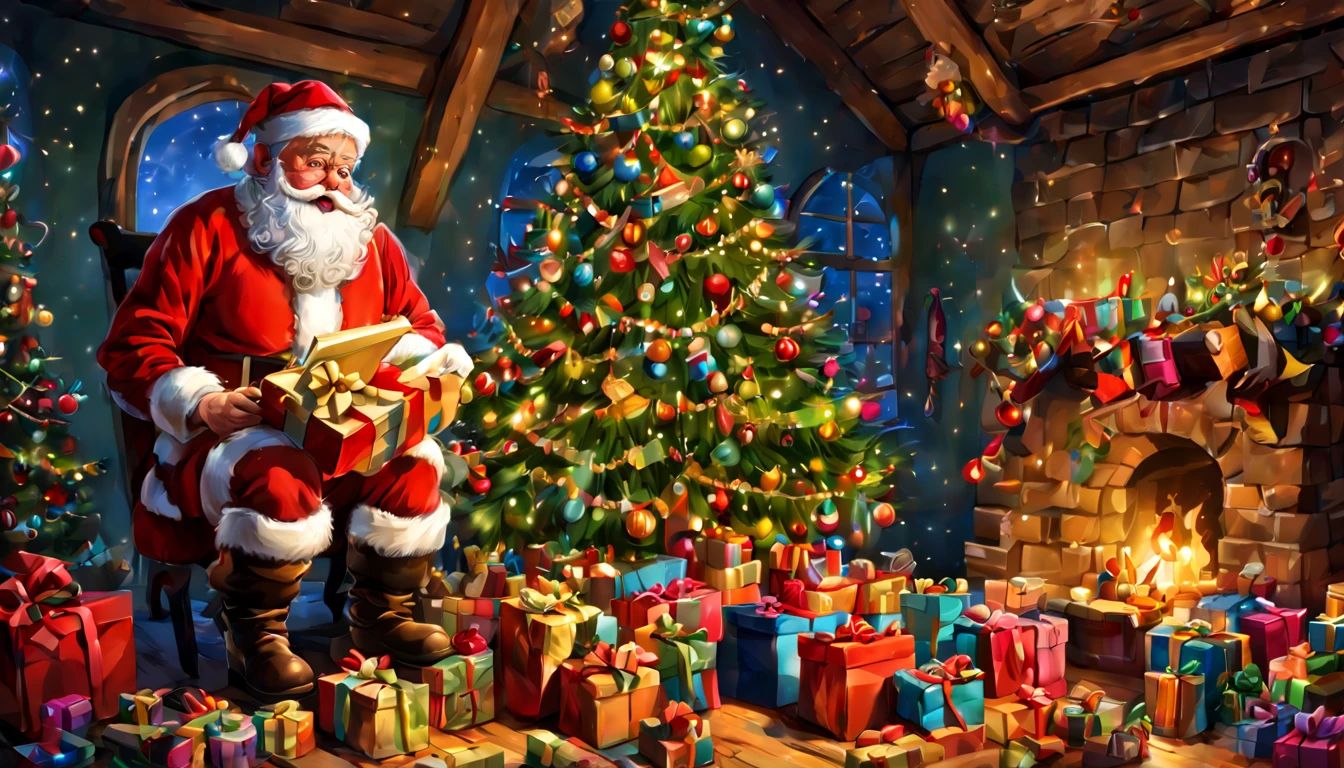 Em uma casa de estilo europeu，Santa Claus is looking at the gift list，Gift decoration christmas tree, Santa, cada，tordo，Elementos natalinos，Estilo Europeu，The floor is full of Christmas presents，Very high resolution, arte tradicional, Santa's Studio, ultrahigh-resolution, illustration, Noite de Natal, extremely high-resolution, Papai Noel em um celeiro do campo, hiper realisitc，primoroso、melhor qualidade、hiper-detalhado、fim、Detalhes de posicionamento、Colorido colorido