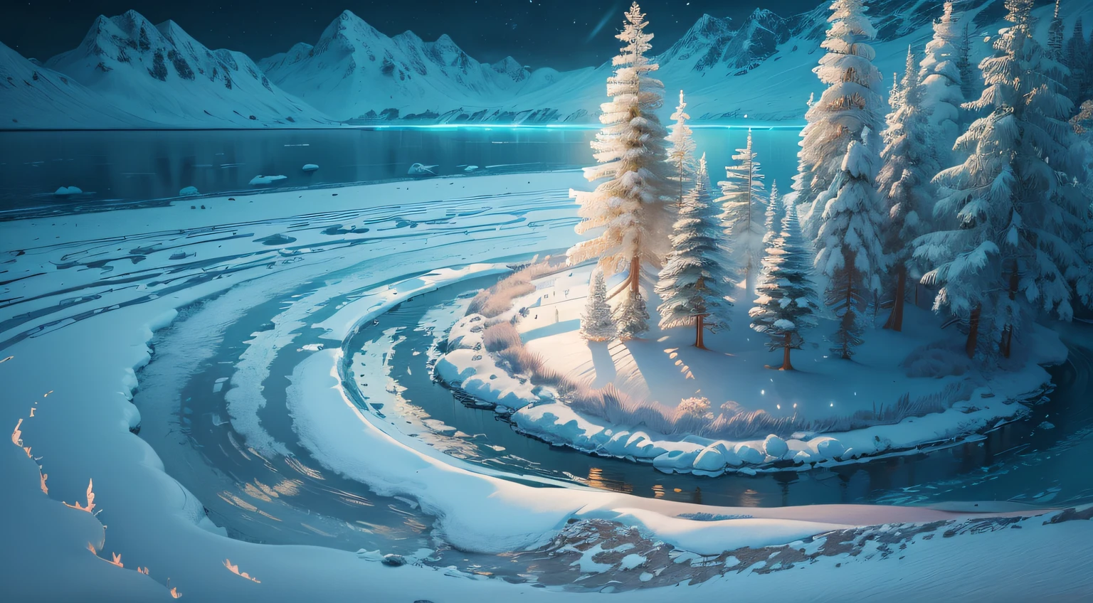 wallpaper hd, Glowing arcs and metal light chains on the frozen lake, Movie poster style and HD top view photography, game of thrones style, Unpleasant, terror, Scary look, hyper HD, 8K分辨率, balancing, High dynamic range color, to emphasize