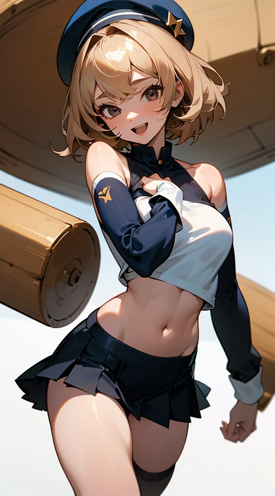an extremely delicate,
beautiful girl,
break,
8K,
best quality,
masterpiece,
ultra hires,
ultra detailed girl,
break,
Close-up of girl,
best detailed girl,
shiny,
outdoors,
bright,
break,
1girl,
solo,
college age,
Perfect female body,
short hair,
Air bangs,
long bangs between eyes,
fluffy hair,
brown hair,
boyish face,
smile,
Slightly open mouth,
black eyes,
colored skin,
Bare thighs,
Bare shoulder,
Bare navel,
Large breasts,
Narrow waist,
break,
thick thigh high socks,
navy beret,
white shirt,
black Tube top,
brown pleated mini skirt,
long sleeves,