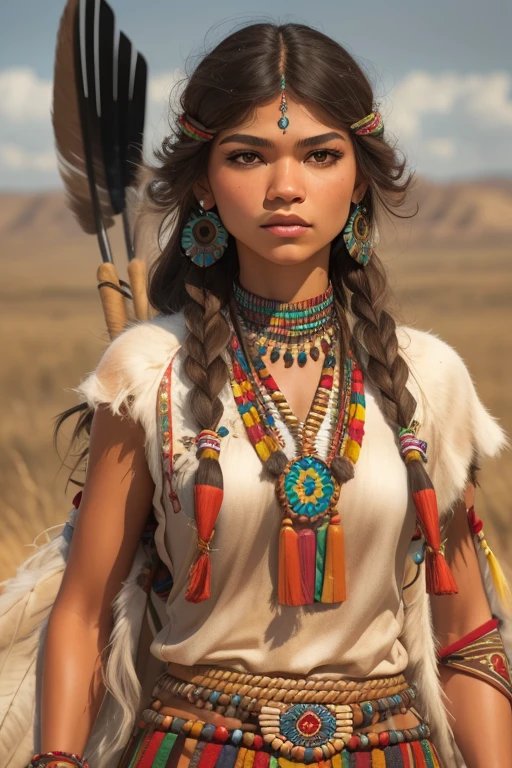 ((Zendaya is a native American woman)), ((who wears the typical clothes of a squaw)), (she stands on the prairie with a spear in her hand), ((schlanke frau)), (kleiner Kopf), ((natural skin texture)), ((she has small round breasts)), ((Ausdrucksstarkes detailliertes Gesicht)), (fotorealistisch), (Raytracing), (scharfer Fokuull entire body)), ((windy upskirt))