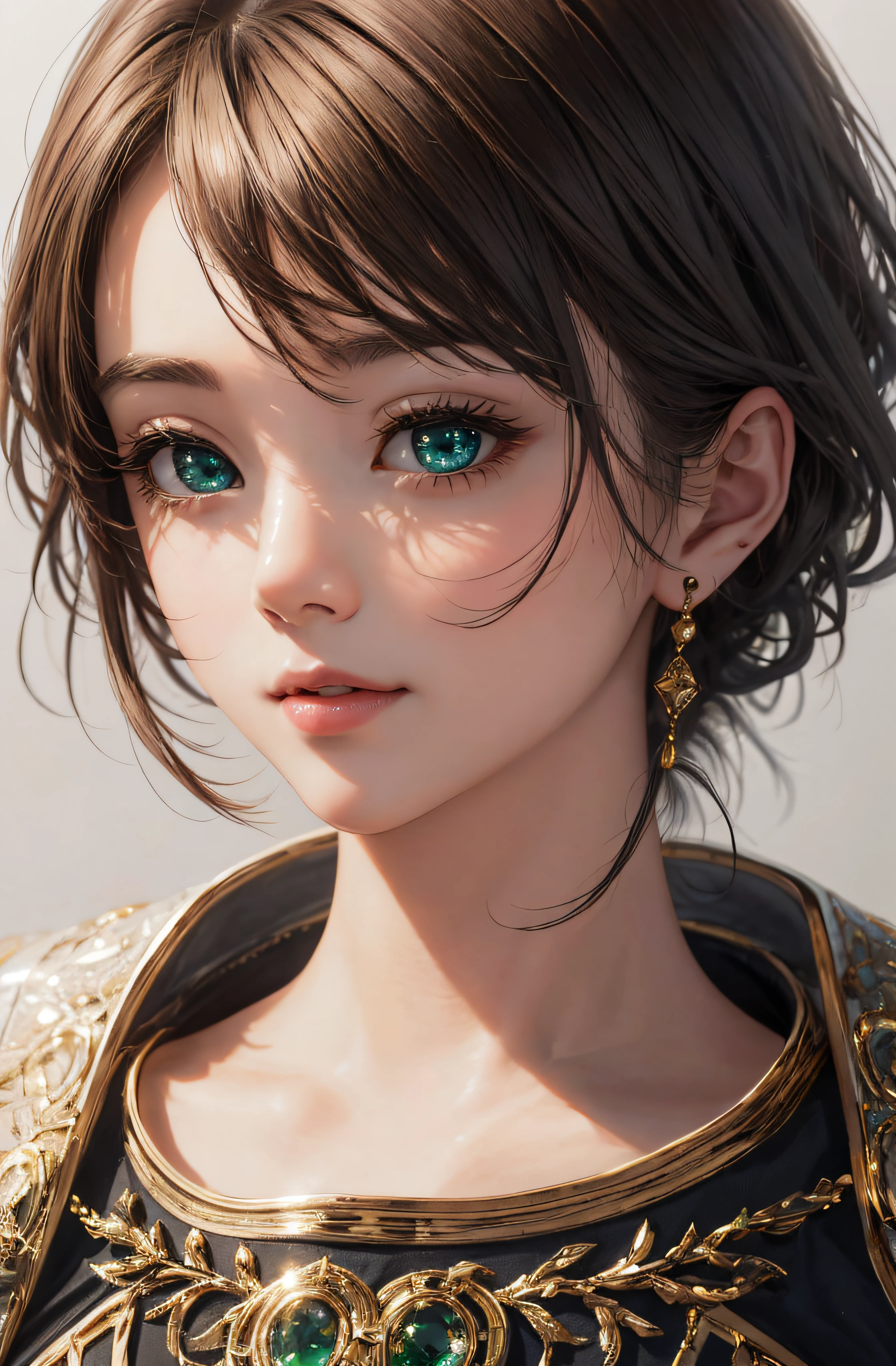8K、realphoto、超A high resolution, Master Parts, Best Quality, nffsw , cinematic images,Lovely girl、ann、16 only、Anglo-Saxon、二重まぶた、drooing eyes、Very big eyes、Eyes are green、Dark eye shadow、The lips are very thin、The tip of the nose stretches beautifully............、the tip of the nose is small,,,,, ighly detailed , Dark gold hair、Straight short hair、ssmile、 Sweet look 、a very beautiful woman、legs are long、 Very clear shadows , jewely , A sexy , A detailed eye, very intricate, shiny skins , Perfect Brilliant, Perfect Lighting, Dramatic shadows、See-through white dress