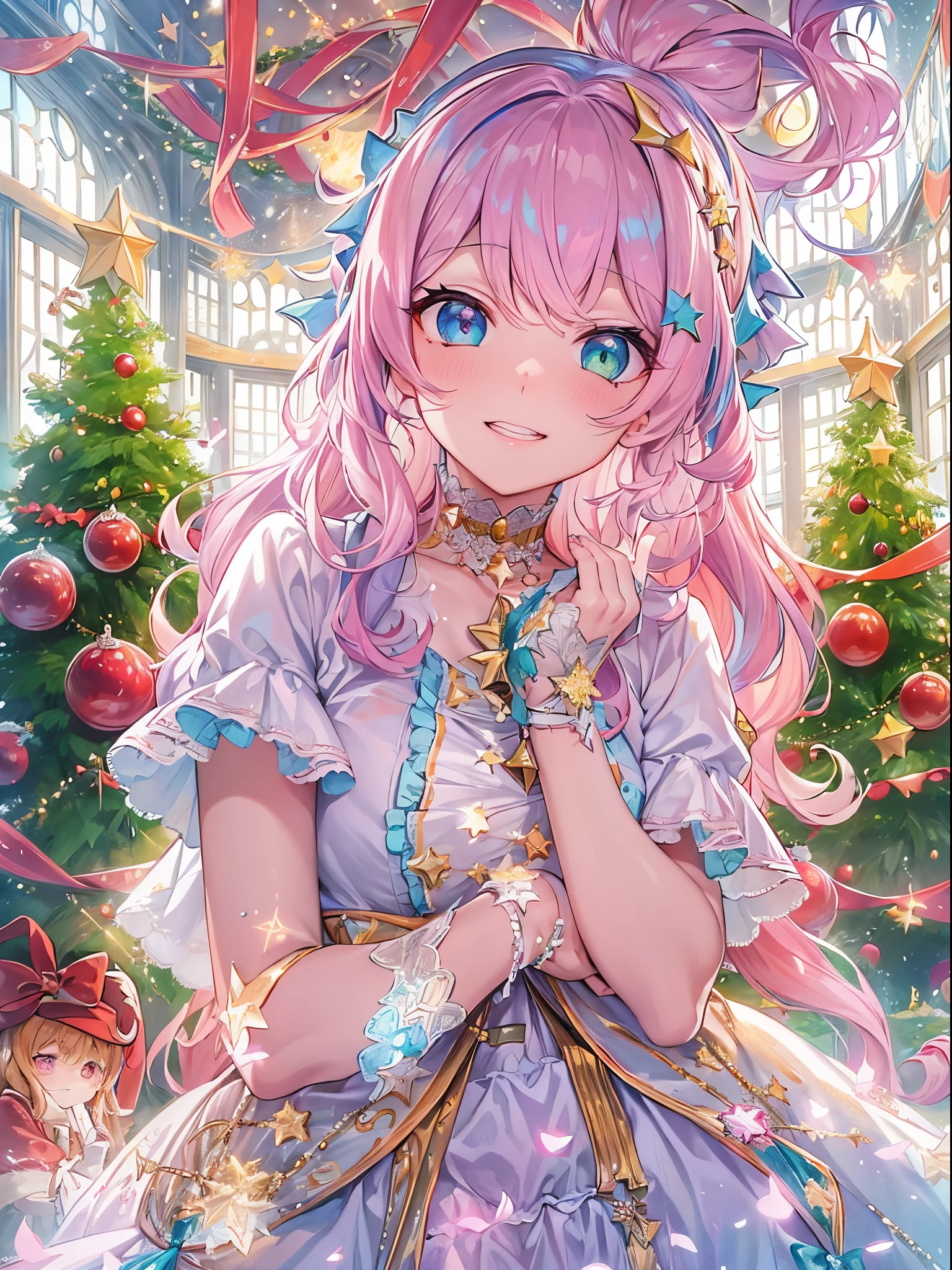 (2 girls in,8kDetails;1.5,8kResolution of;1.5), ((Christmas:1.2,santa costume:1.2)){{{Glitter Pupil:1.5, Heart-shaped pupil:1.5,eye glass:1.5}}}),((Half blue and half pink hair,Shiny hair,Glowing hair)), (Heterochromia), (Light focus :1.2, Warm light gradient:1.2,Bright light gradient , Lens Flare:1.3, Fluffy, kirakira, Dreamy), ((masutepiece, of the highest quality, Beautiful and aesthetic)), {{{The best lighting, Very delicate and beautiful,Cinematic Light}}}, (delicate detail,Hyper-detailing, intricate-detail)