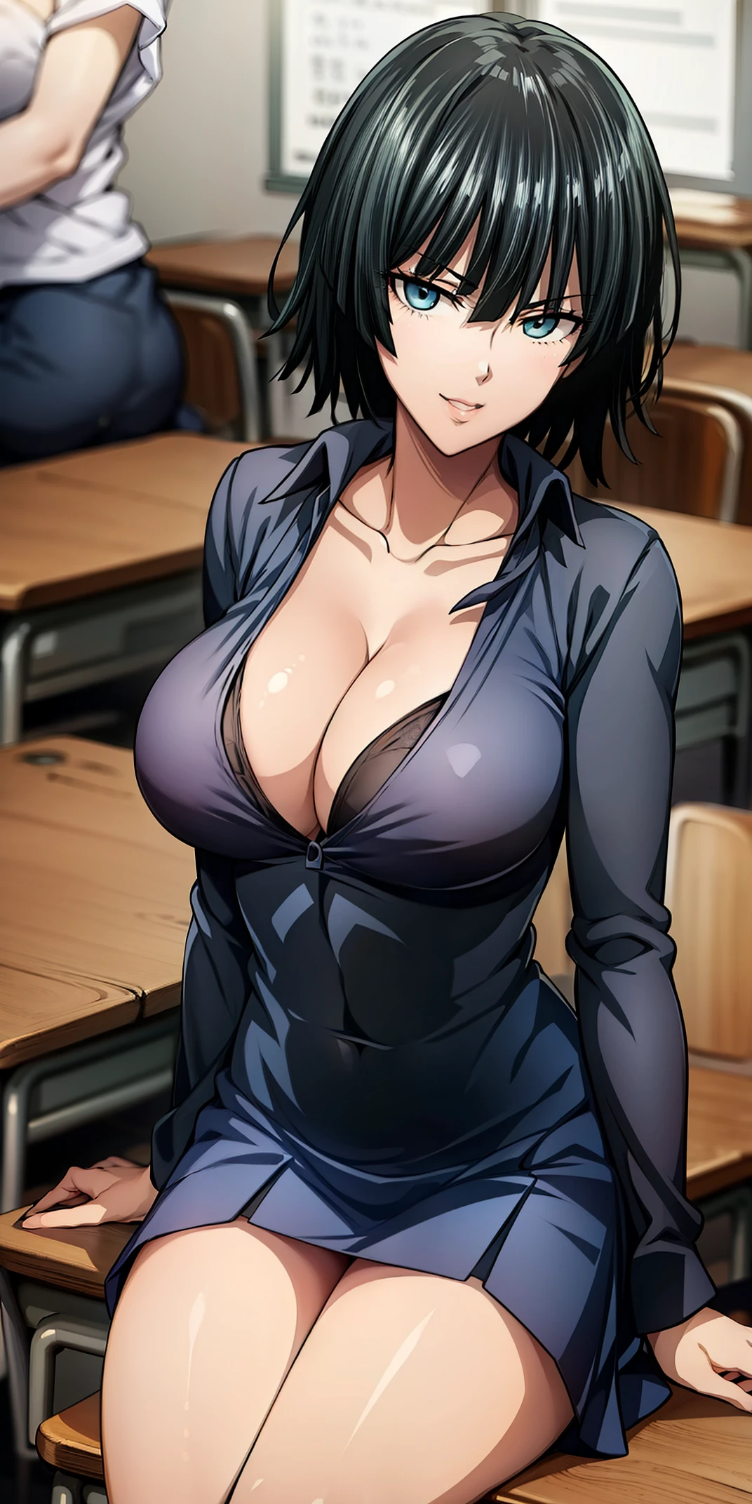 Anime style, Painting, absurderes、perfect anatomia、Fubuki , bra very、Bra visible from clothes、Braline、breastsout、long hair, ‎Classroom、cleavage of the breast、鎖骨、desk、From above、medium breasts, on desk, pleatedskirt, School Desk, student clothes, see -through, The shirt, sitting on, Sitting on a desk, skirt by the, 独奏, thighs thighs thighs thighs, red blush, ssmile