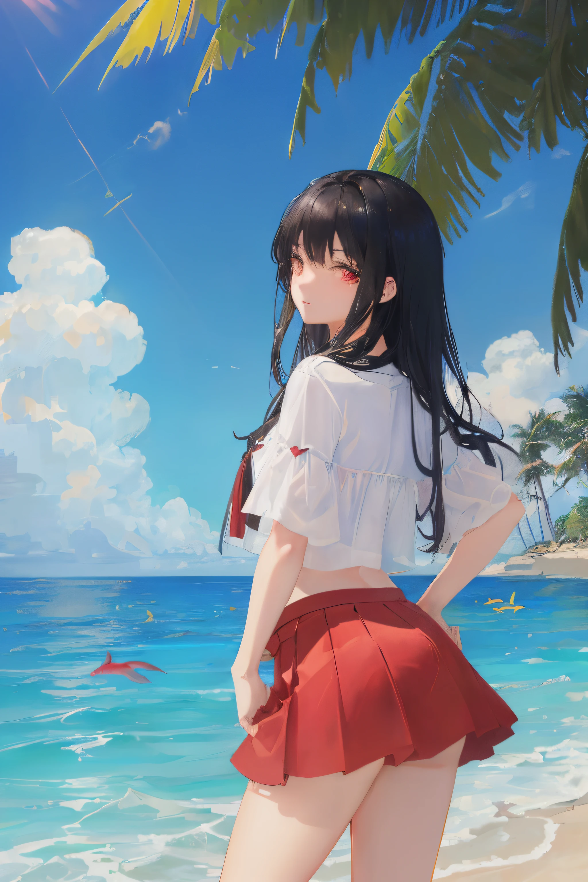 art by Cornflower, dreamy, (A beautiful, teenaged, anime-style girl with black eyes and long, black hair, wearing a pale red, shiny, short-sleeved, short red skirt,, heart on it is posing with her hands on her hips, in front of a beach and a bright, blue sky with clouds in it, there are palm trees in the background on both sides of the picture, and there are lots of blue and yellow fish swimming in the ocean,